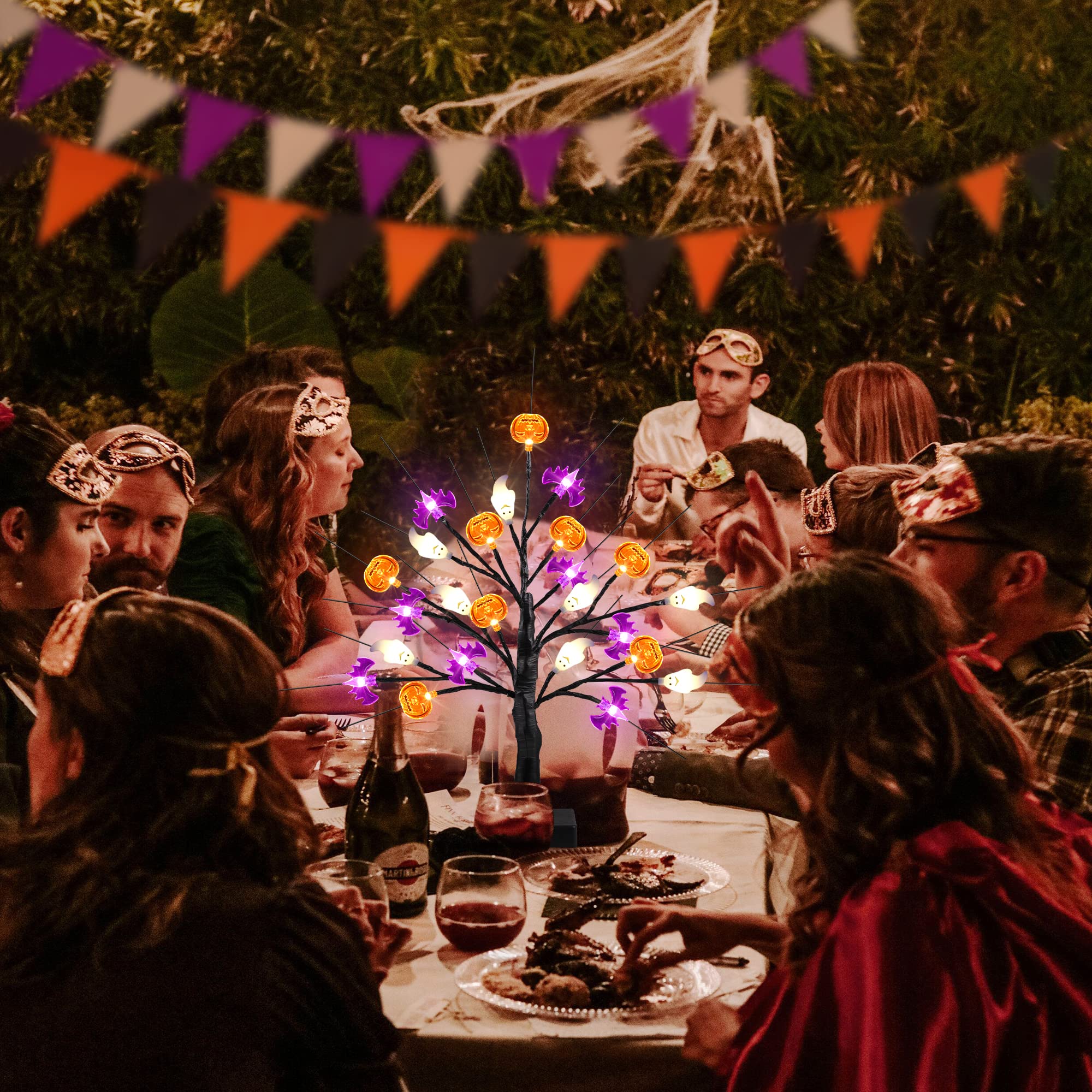 Lighted Halloween Tree – 24 LED Pumpkin, Bat & Ghost Lights with Adjustable Branches, USB or Battery Powered Tabletop Decoration (Timer Function Included)