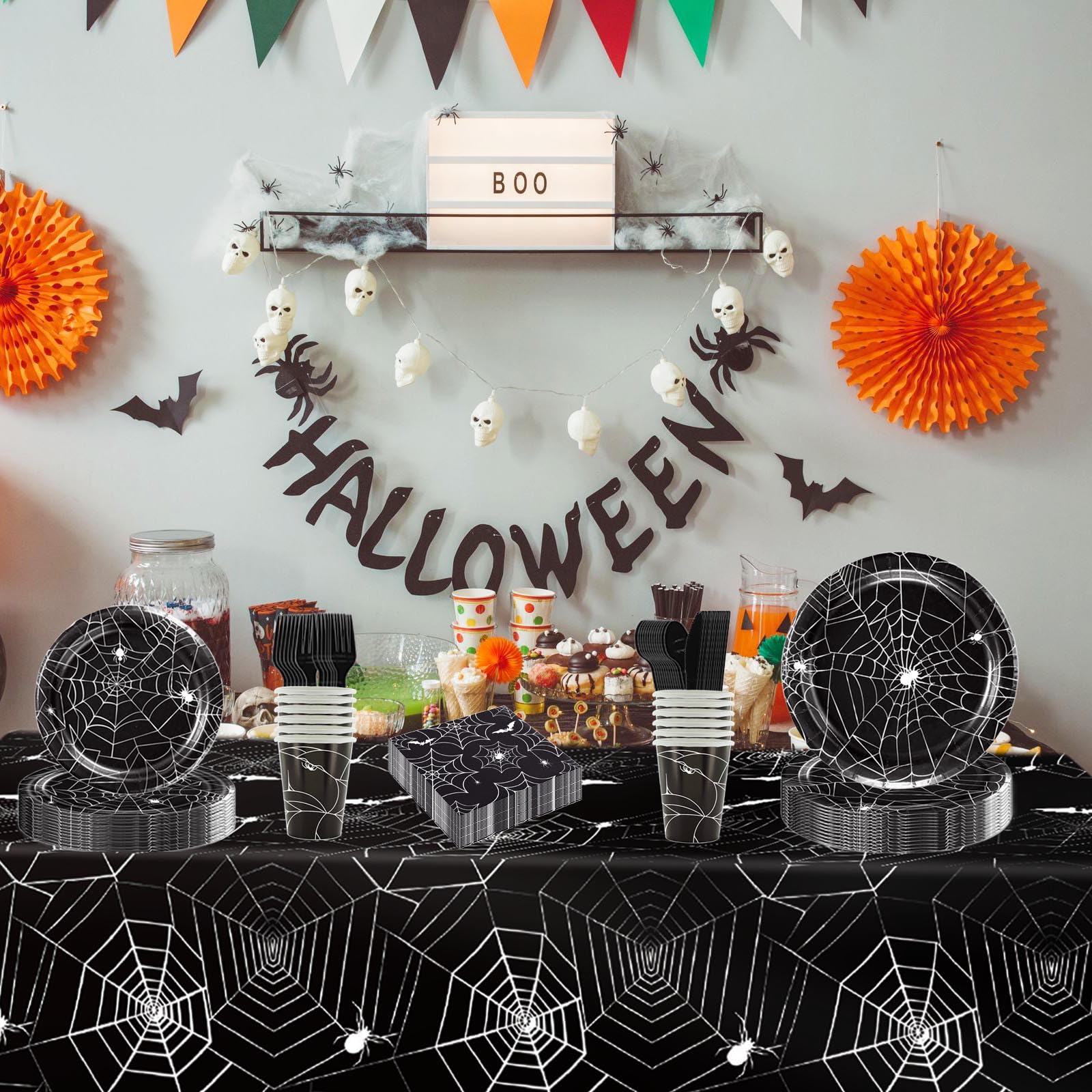 Halloween Party Supplies Set – 89 Pcs Black Spider Web Plates, Cups, Napkins & Tablecloth for Spooky Celebrations