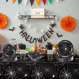 Halloween Party Supplies Set – 89 Pcs Black Spider Web Plates, Cups, Napkins & Tablecloth for Spooky Celebrations