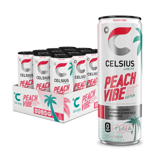 CELSIUS Sparkling Peach Vibe Energy Drink, Sugar-Free with 200mg Caffeine & Essential Vitamins – Tropical Fitness Energy, 12 Pack