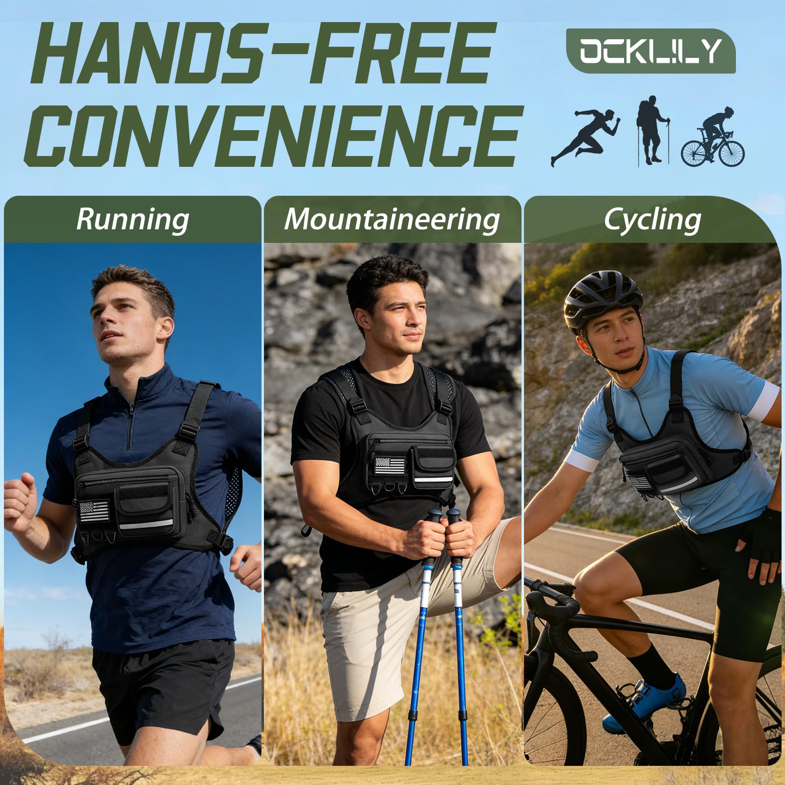 OCKLILY Running Chest Bag – Adjustable Water-Resistant Vest Pack for Cycling, Hiking & Outdoor Workouts (Black)