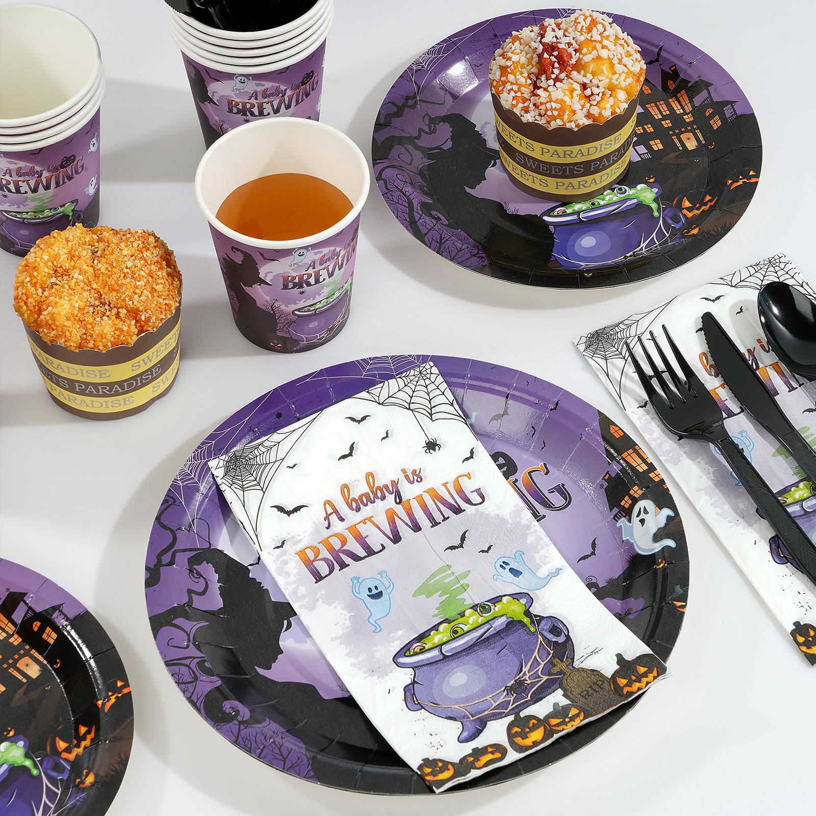 Halloween Baby Shower Party Supplies Set – Purple “A Baby is Brewing” Plates, Cups, Napkins & Cutlery for 25 Guests