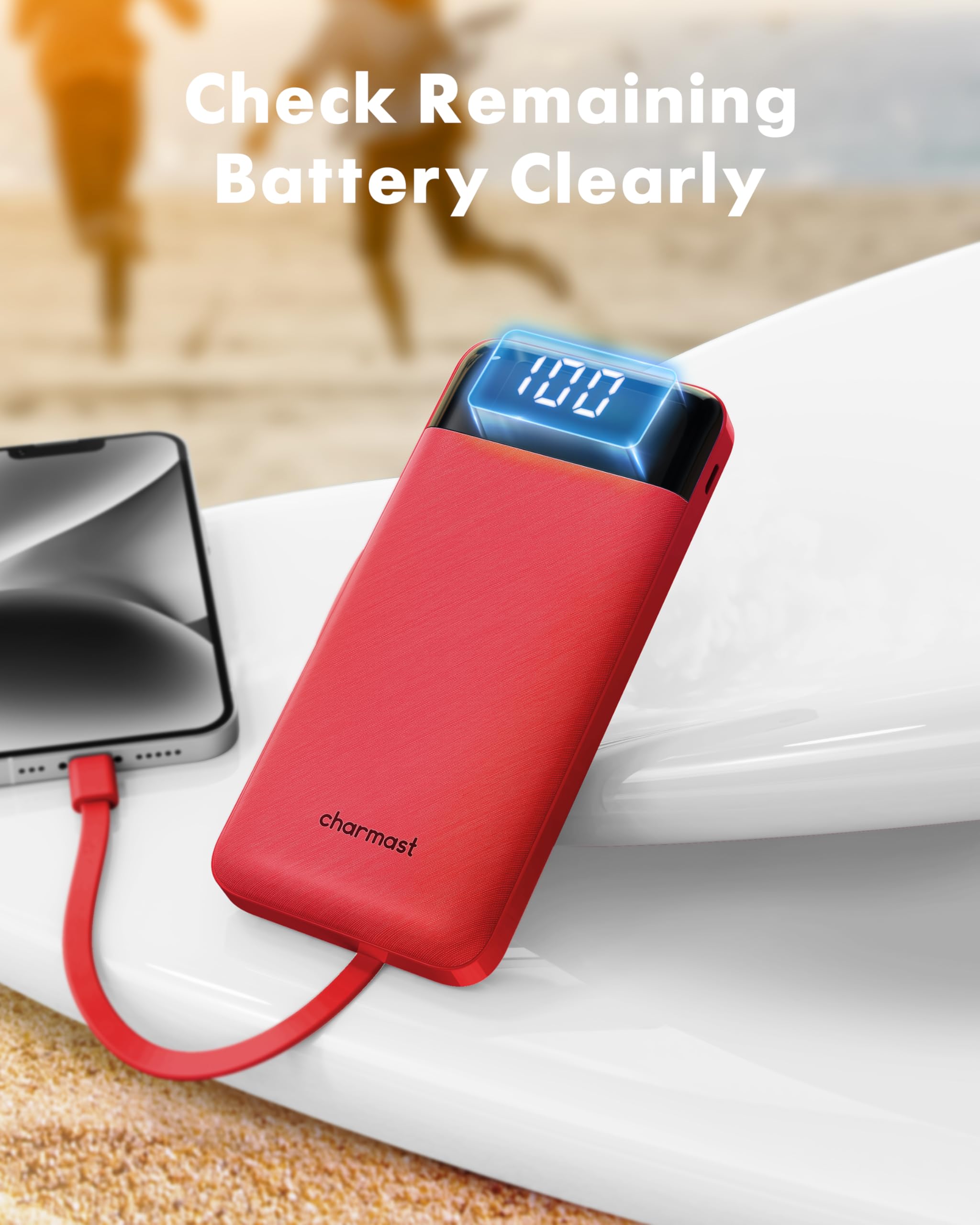 10000mAh Slim Power Bank with Built-in Cables – Portable Charger for iPhone, Samsung, Android & Tablets (Charge Up to 6 Devices)