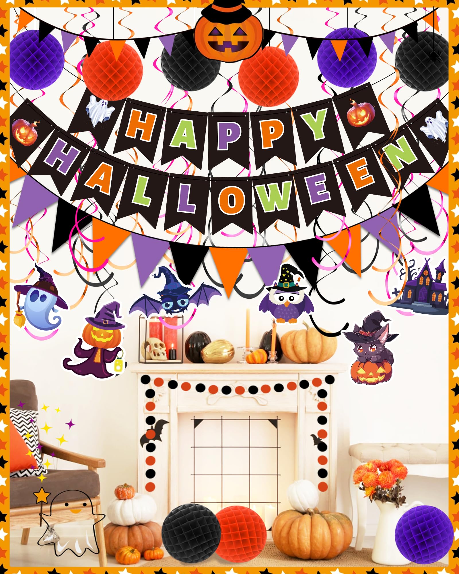 Halloween Party Decoration Set – 7.2ft Banner, Hanging Swirls, Flags & Garland Kit (50+ Pieces) for Indoor & Outdoor Festive Décor