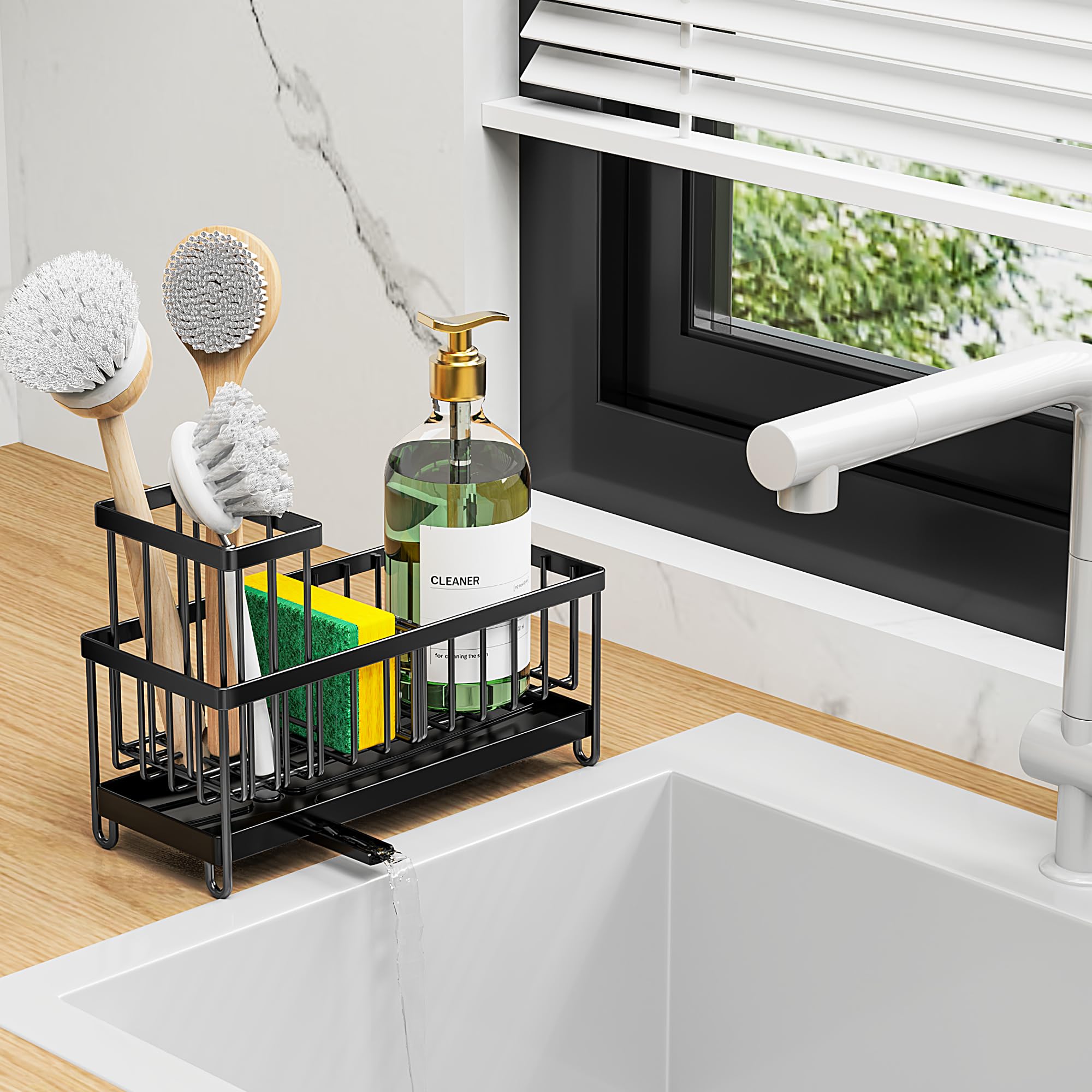 Stainless Steel Kitchen Sink Caddy with Rotatable Spout – Compact Sponge & Brush Organizer