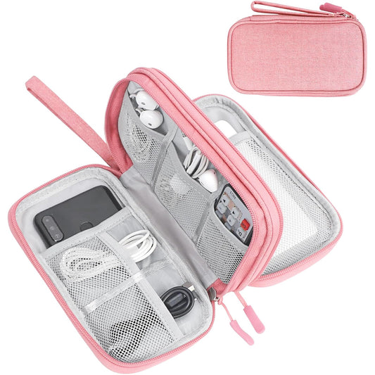 Portable Electronics Organizer Travel Case Double Layer Waterproof Cable Storage Bag Pink