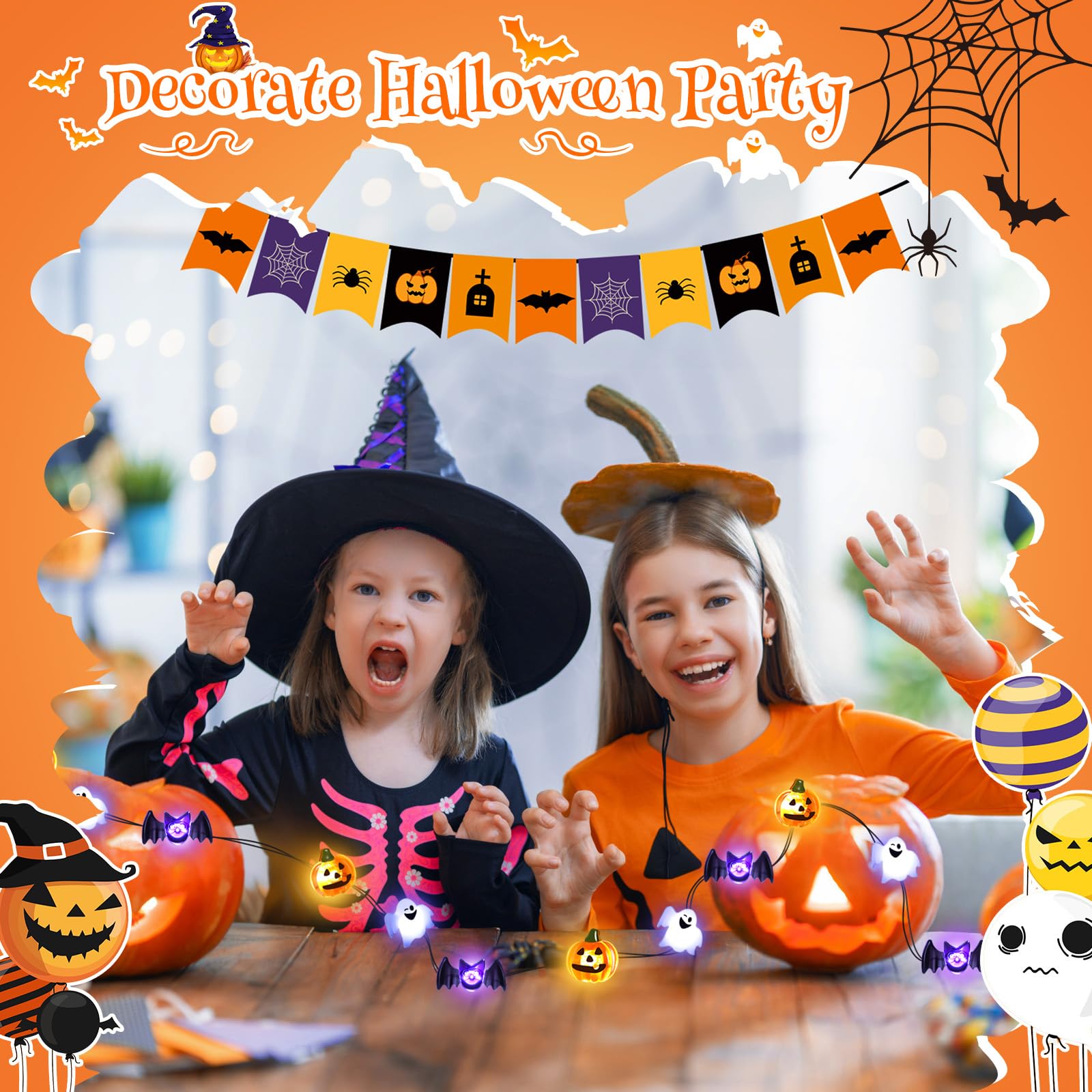 10Ft Halloween String Lights – 30 LED White, Yellow & Purple Pumpkin, Bat & Ghost Lights, Battery Operated