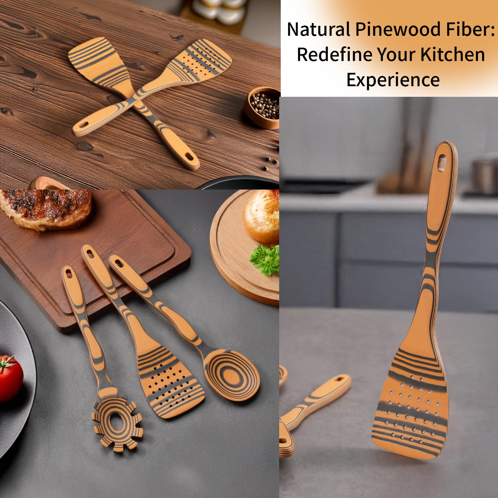 7-Piece Pinewood Fiber Kitchen Utensil Set – Dishwasher Safe, Ergonomic Curved Handles (Natural & Slate)