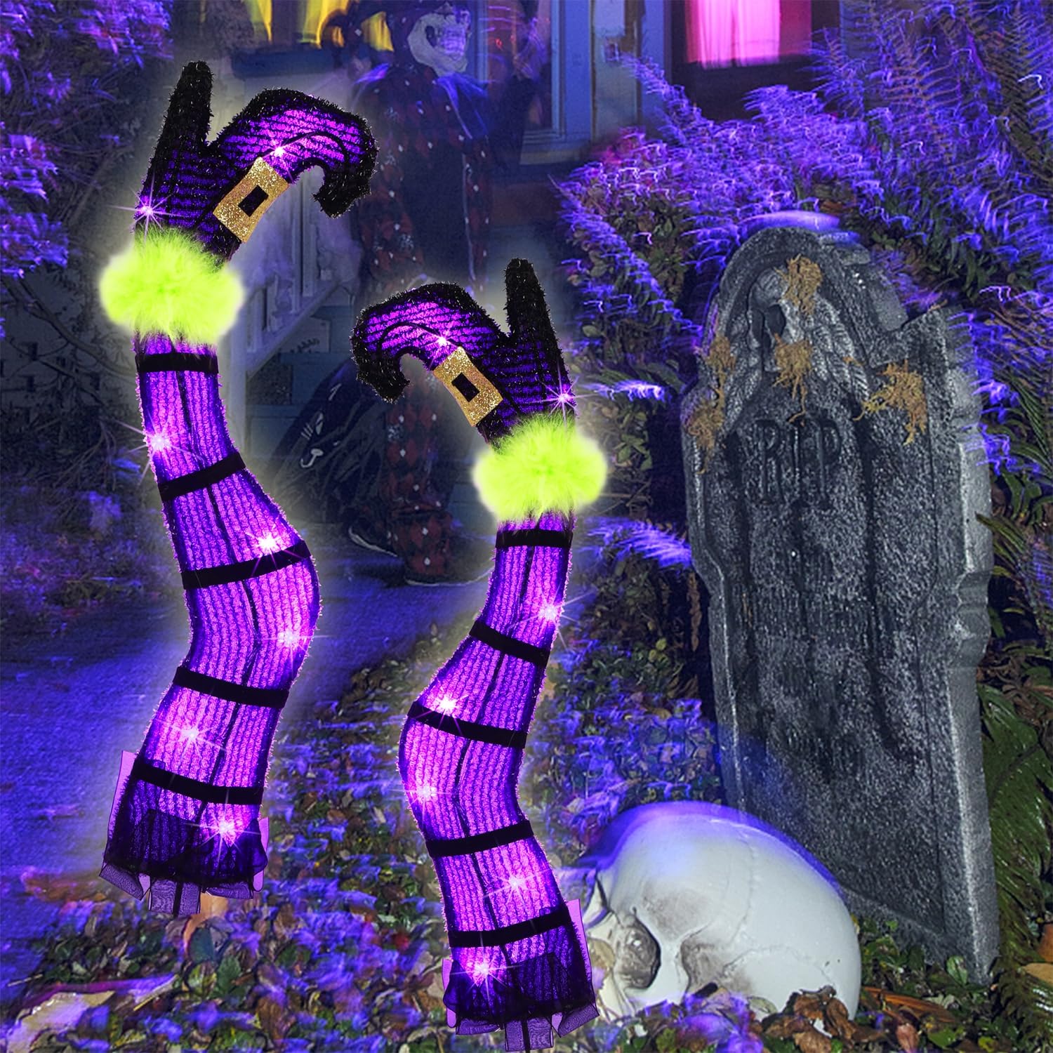 Light-Up Purple Witch Legs Yard Stakes – LED Halloween Decoration with 8 Lighting Modes & Timer Function