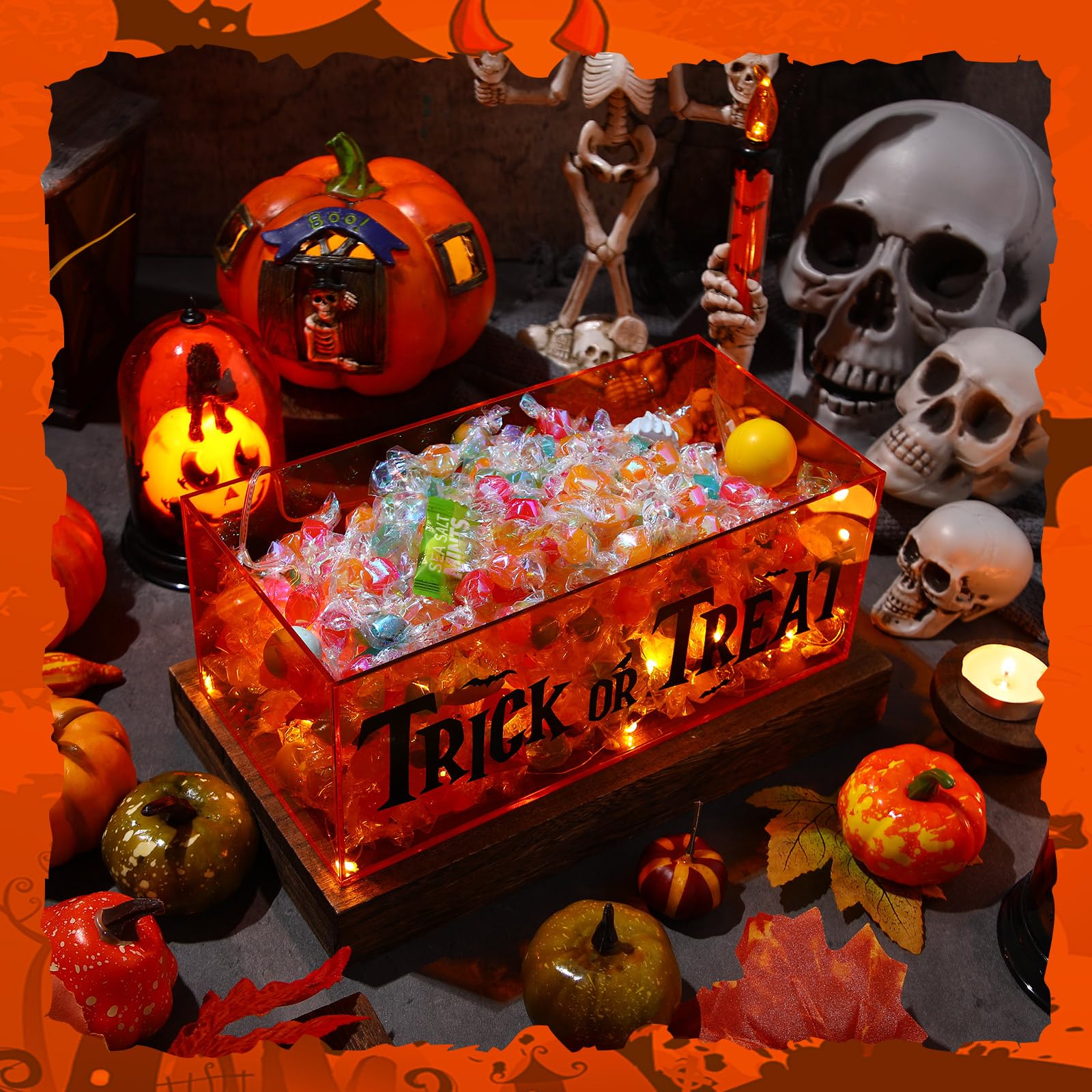 Light-Up Acrylic Trick or Treat Candy Bowl with LED String Lights – Halloween Party Table Decoration (Orange)