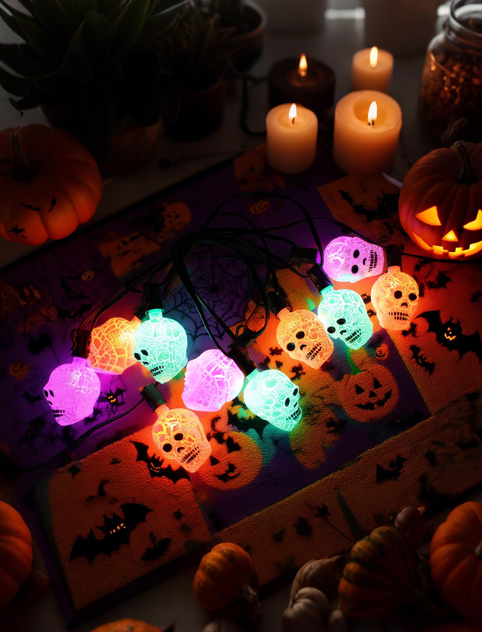 Crackle Skull String Lights – 10Pc Gothic Halloween LED Set with End-to-End Connectors (Multicolor, Indoor & Outdoor Use)