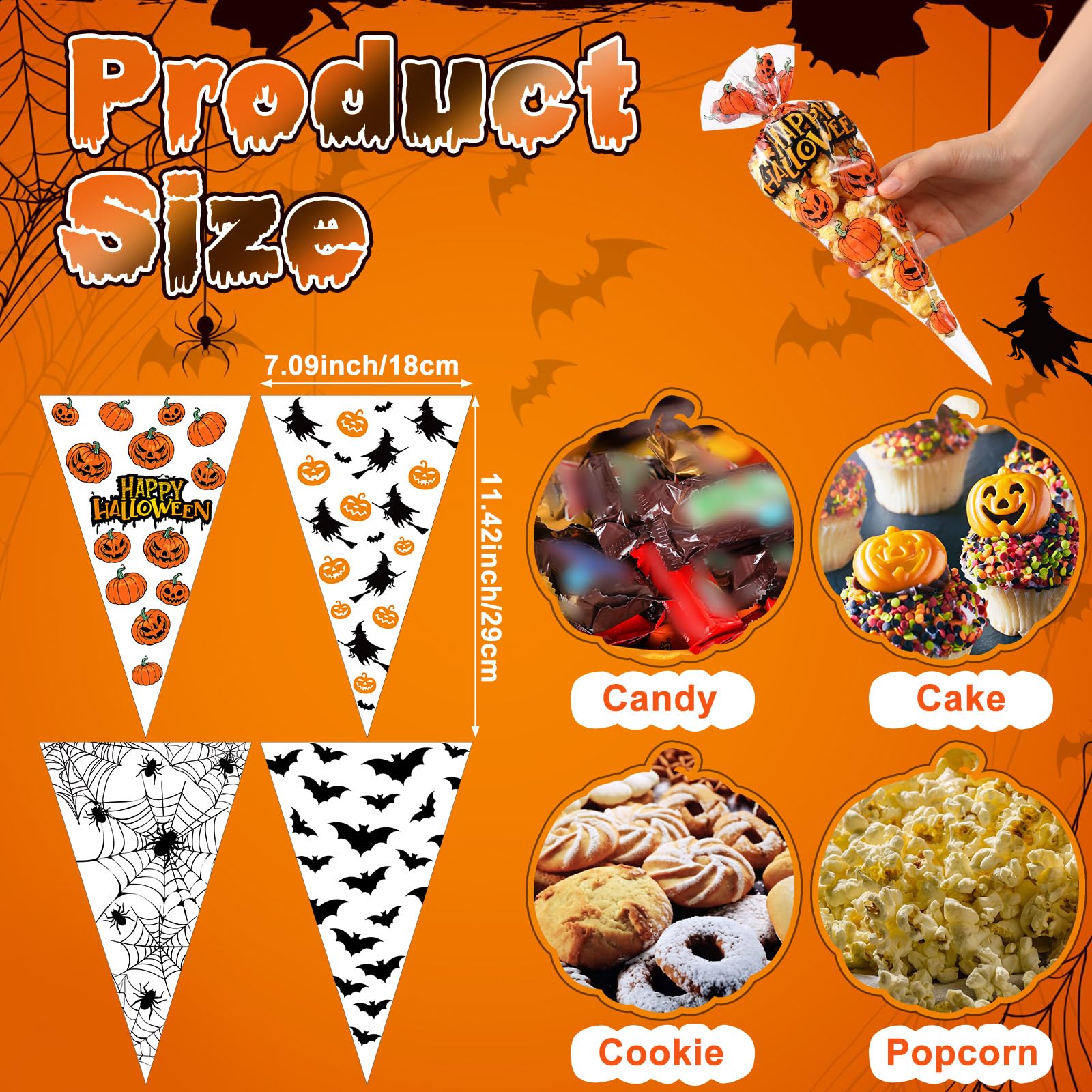 200 Pcs Halloween Cone Treat Bags – Pumpkin, Ghost, Bat & Spider Designs for Candy, Cookies & Party Favors (Cellophane, 4 Styles)