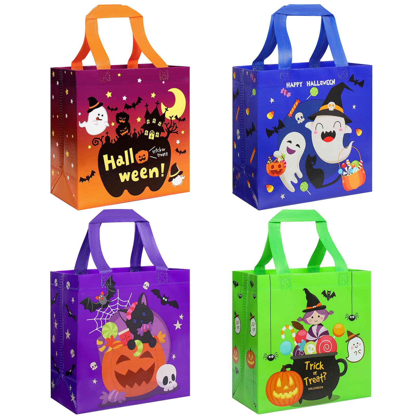 4-Pack Colorful Halloween Treat Bags with Handles – Reusable Non-Woven Gift Totes with Cute Pumpkin, Witch & Ghost Designs