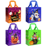 4-Pack Colorful Halloween Treat Bags with Handles – Reusable Non-Woven Gift Totes with Cute Pumpkin, Witch & Ghost Designs