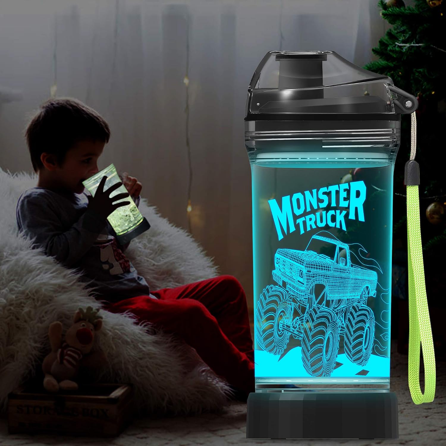 14 oz Kids Monster Truck Light-Up Water Bottle with Leakproof Lid and Carry Strap