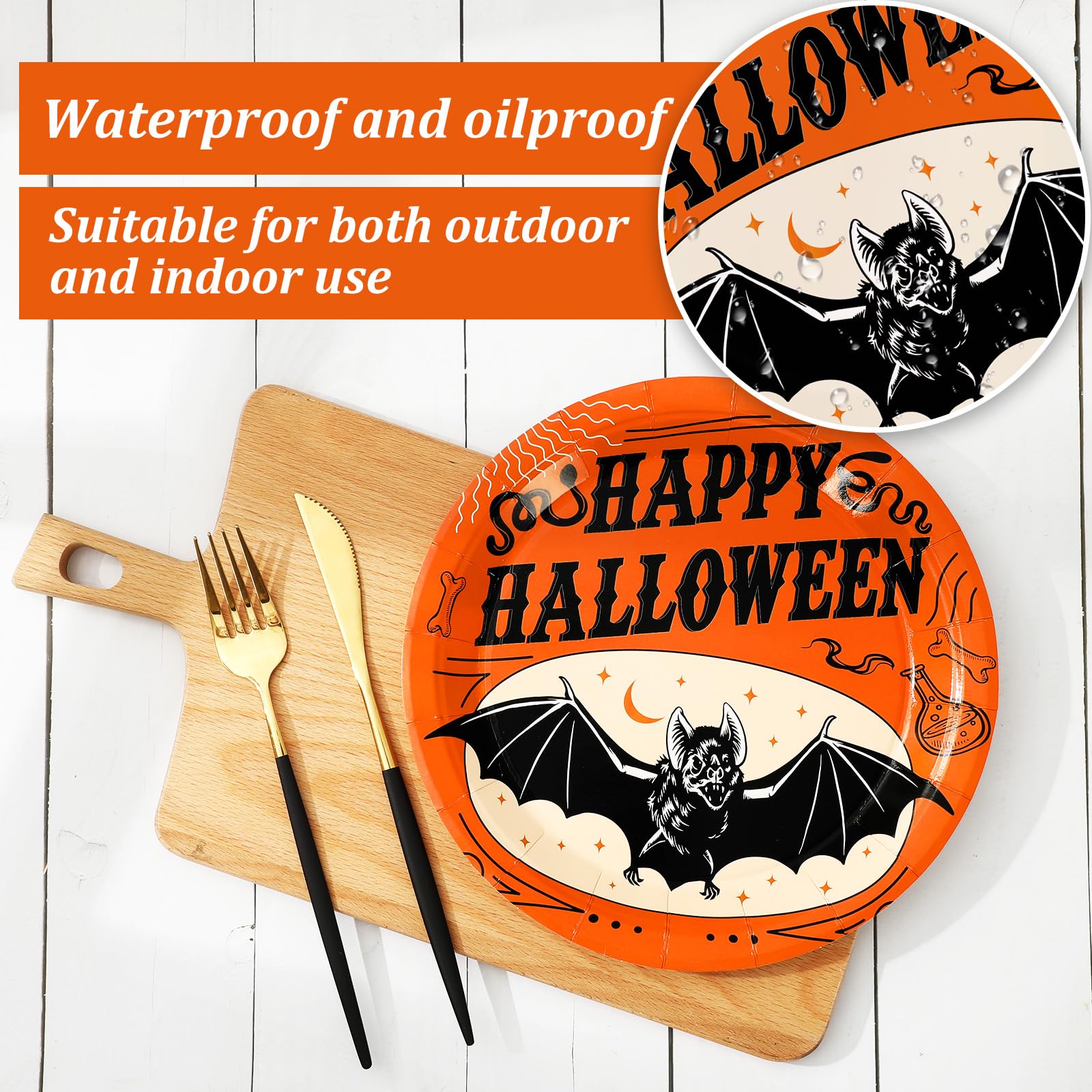 Halloween Vintage Plates – 40 Pcs Disposable 9" Paper Plates with Pumpkin, Cat, Bat & Skeleton Designs for Spooky Parties