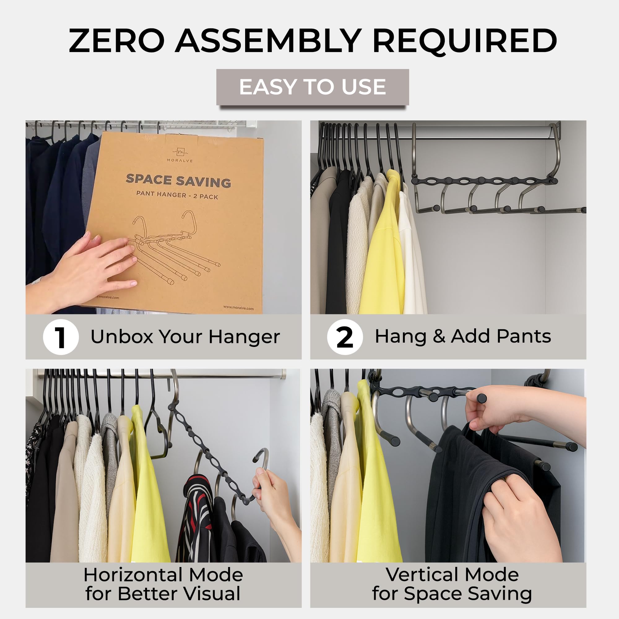 MORALVE Space-Saving Pants Hangers – 5-Tier Non-Slip Multi-Layer Closet Organizer for Trousers & Skirts (Black, 2-Pack)