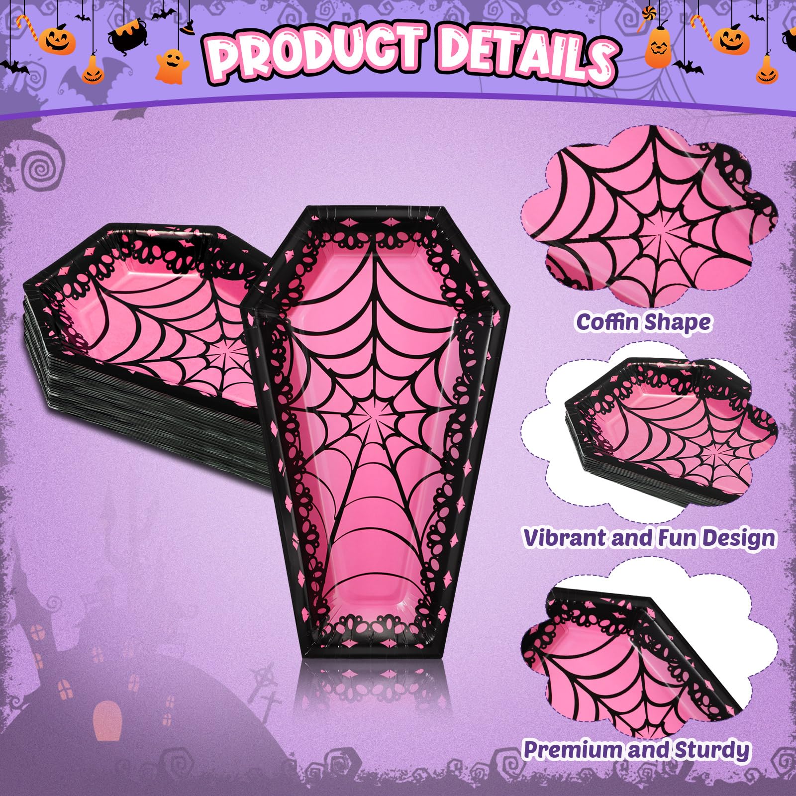 Halloween Coffin Plates & Black Forks Set – 48 Pcs Disposable Scary Sweet Tableware for 24 Guests