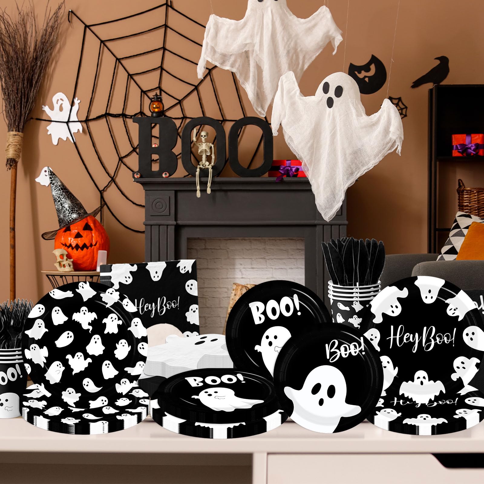 Black Ghost Halloween Tableware Set – 144 Pcs Disposable Plates, Cups, Napkins & Cutlery with Cute Boo Ghost Design for Party & Baby Shower