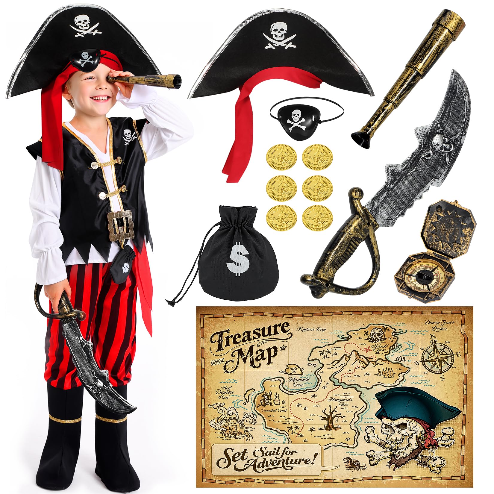 Kids All-in-One Pirate Costume Adventure Set – Red Outfit with Sword, Hat, Treasure Map, Spyglass & Gold Coins (Gift Box Ready)