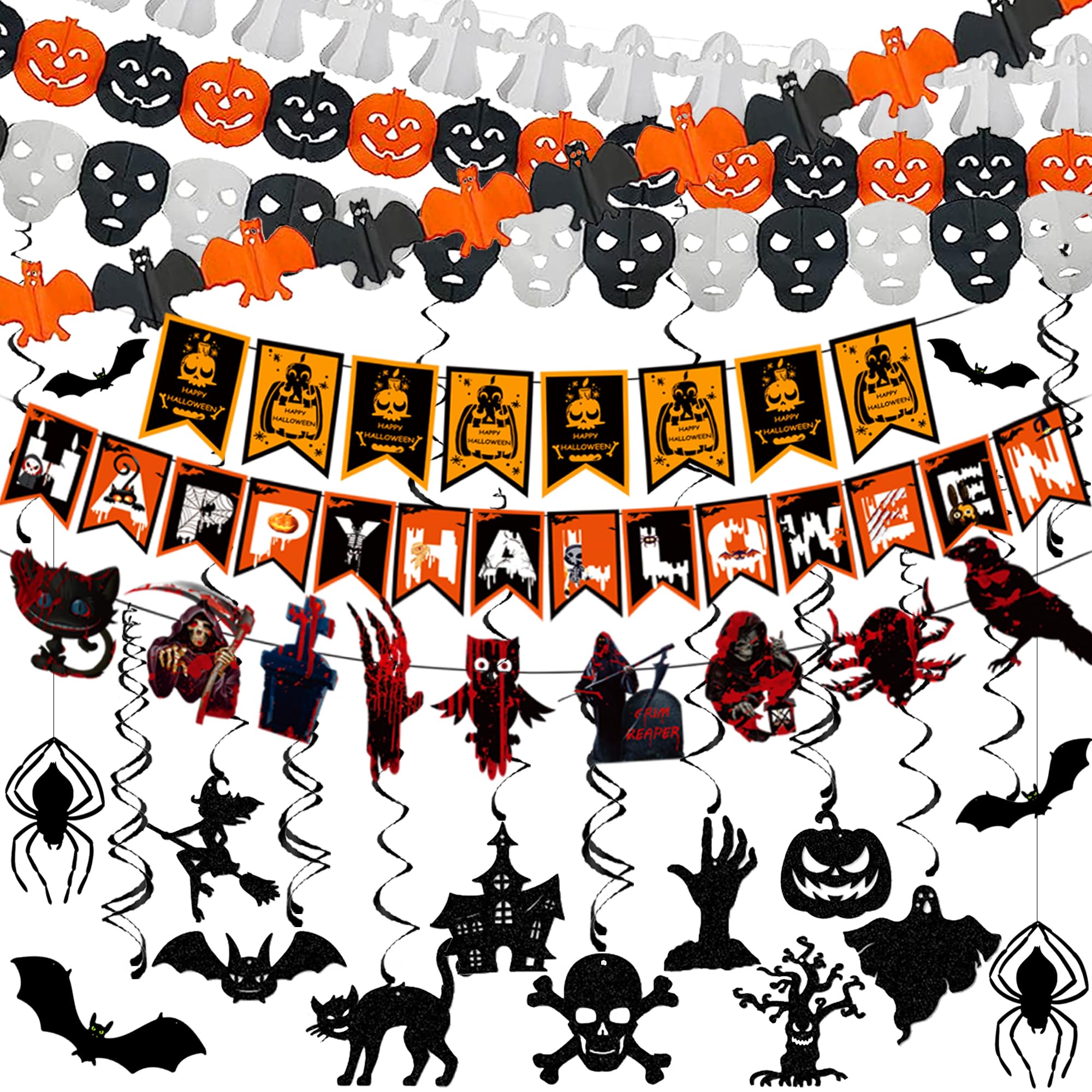 Halloween Party Decoration Kit – Complete Hanging Swirls & Banner Set with Bats, Ghosts & Pumpkins