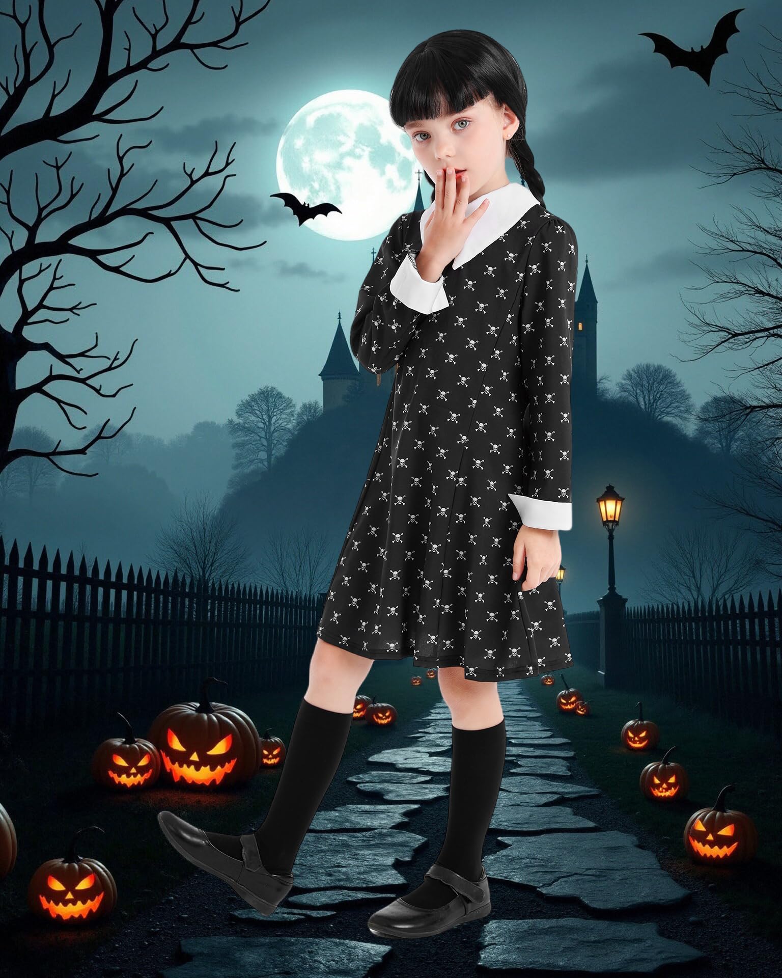 Girls Black Halloween Costume Set – Skull Print Dress, Necklace, Hairpin & Socks (Kids Princess Cosplay)