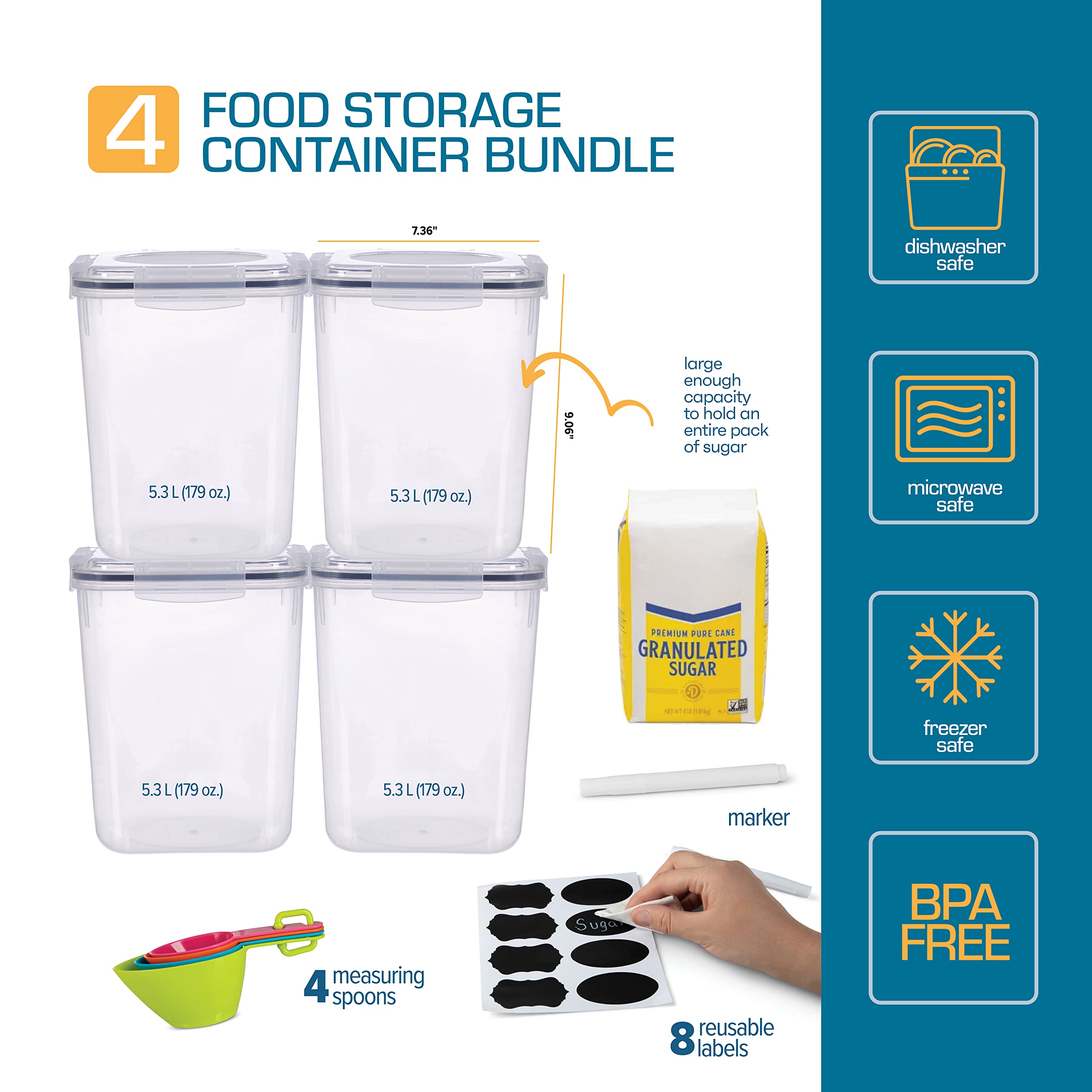 Large Airtight Rice Storage Containers Set – 4 Square 5.3L Pantry Canisters with Measuring Scoops & Labels