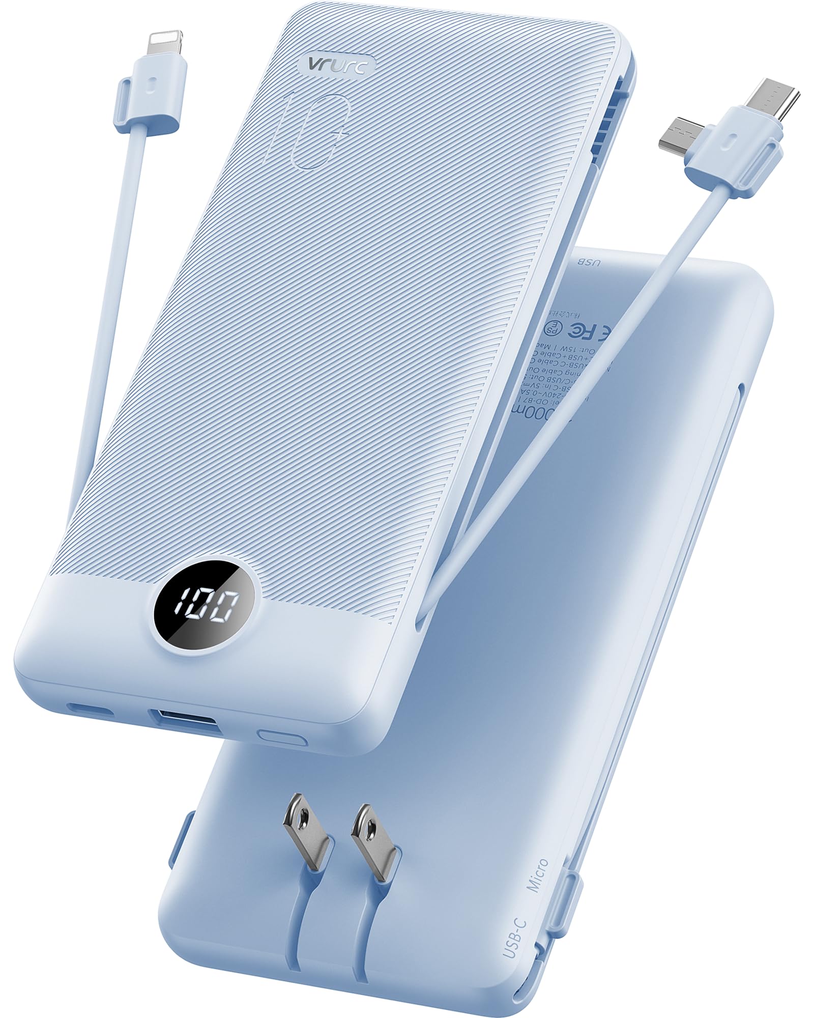 VRURC 10000mAh Portable Power Bank – Built-in Cables & AC Wall Plug, Compact Travel Charger with LED Display (Blue)