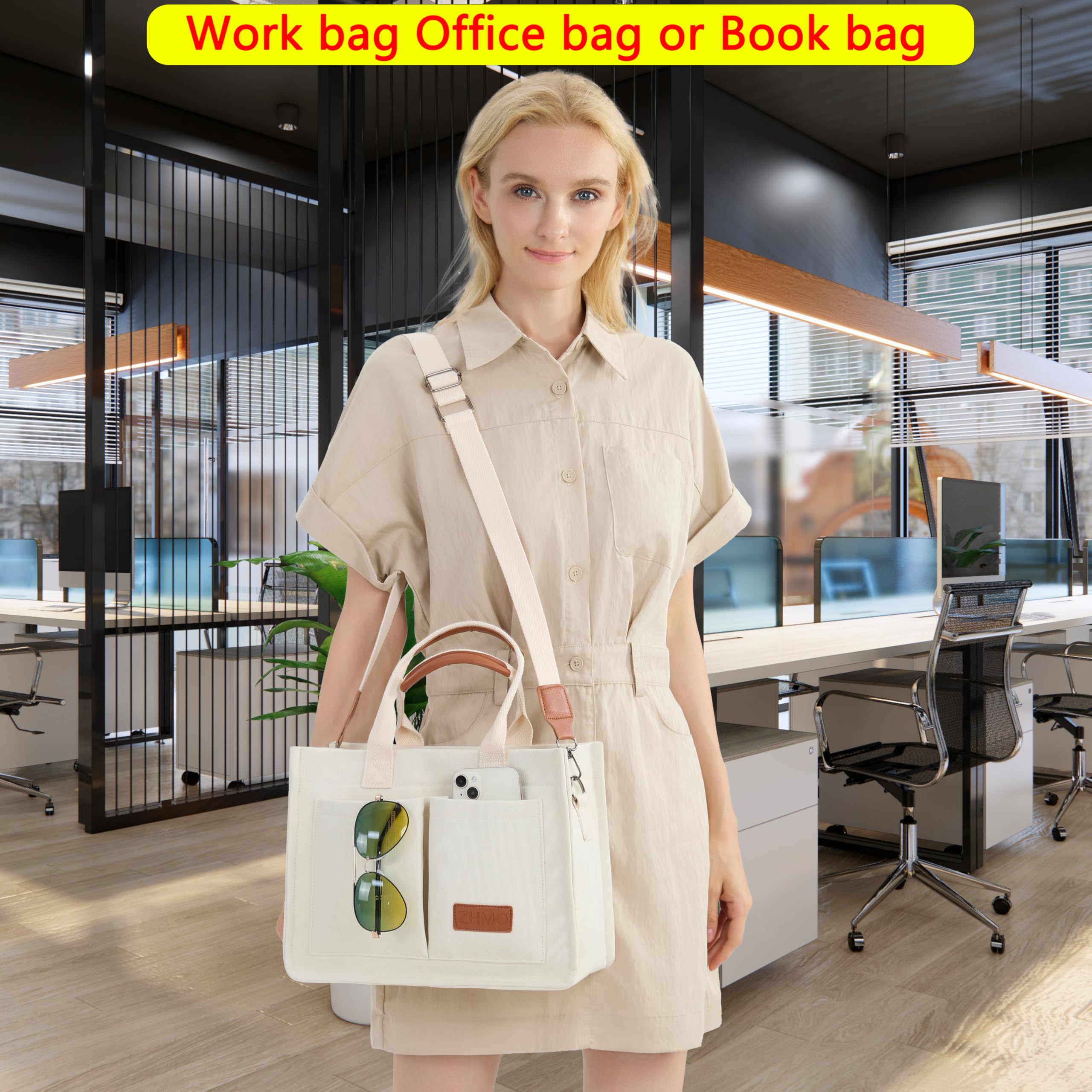 ZHMO Canvas Tote Bag for Women – Large Laptop Work Tote with Compartments, Shoulder & Crossbody Carry (Beige)