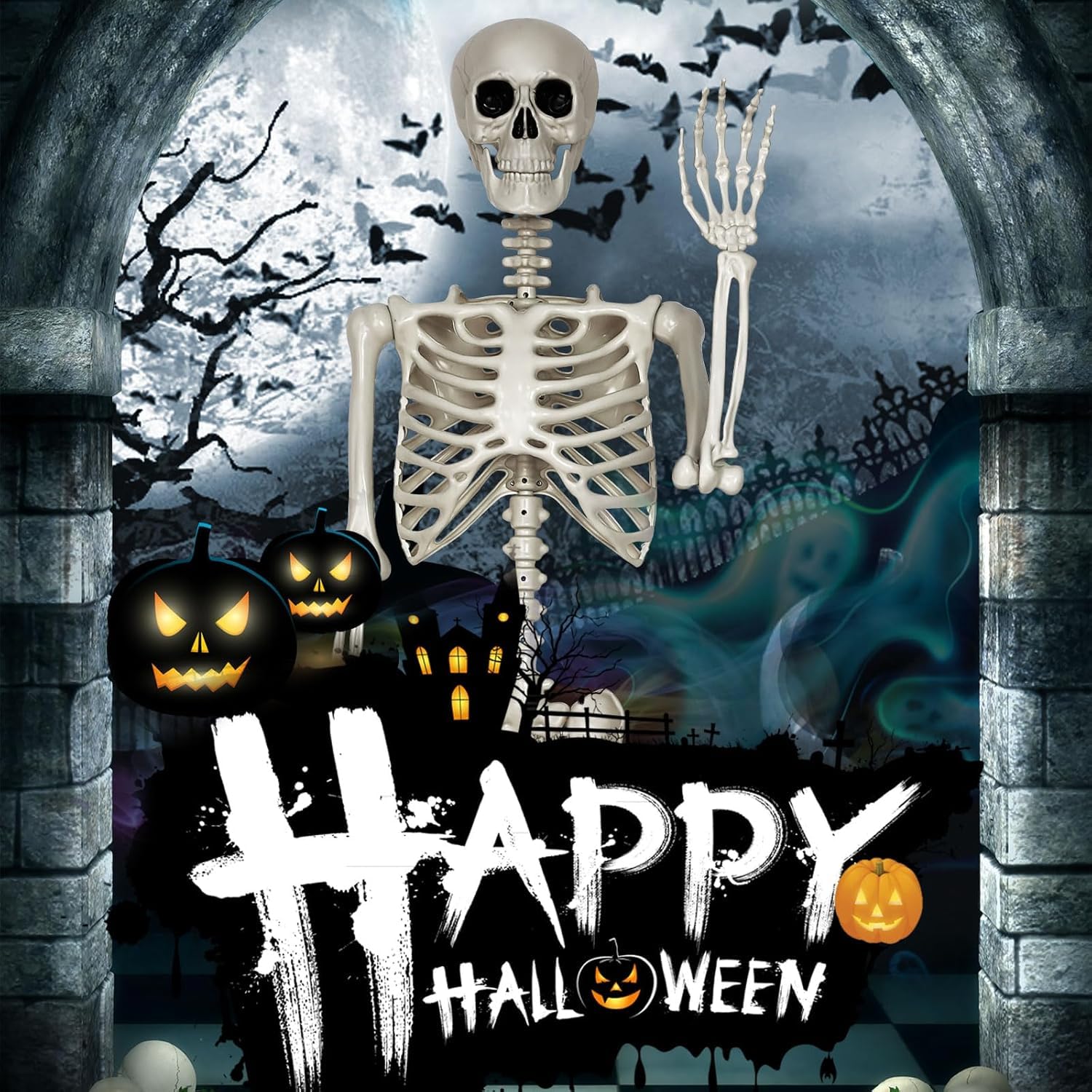 36" Poseable Halloween Skeleton Decoration – Full-Body Plastic Skeleton with Movable Joints & Hanging Hook