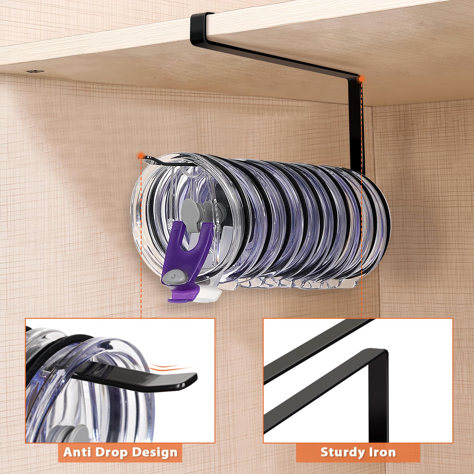 Under Cabinet Tumbler Lid Holder – No-Drill Hanging Organizer for Lids, Paper Rolls & Kitchen Accessories