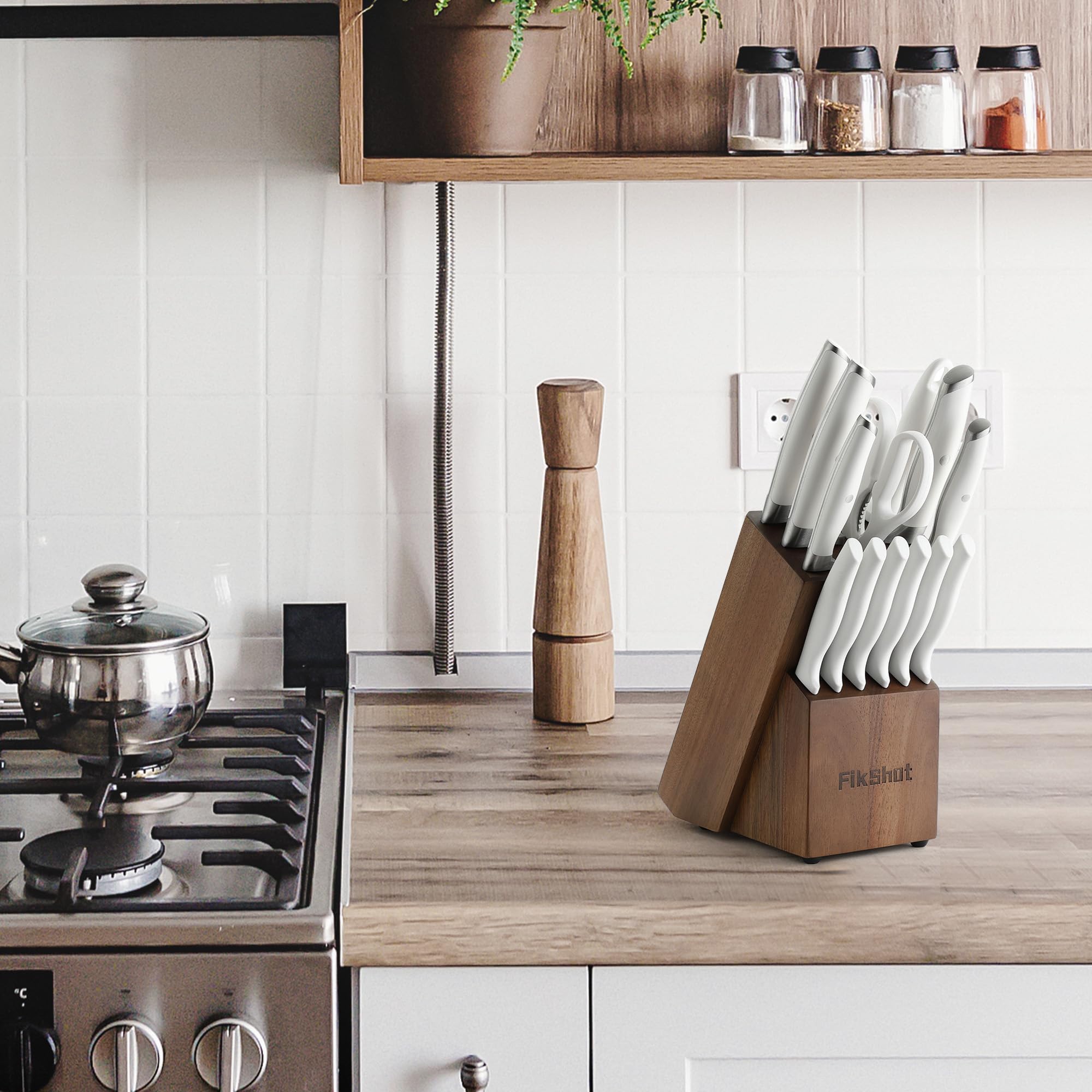 14-Piece Kitchen Knife Block Set with Built-In Sharpener – High-Carbon Stainless Steel (White)