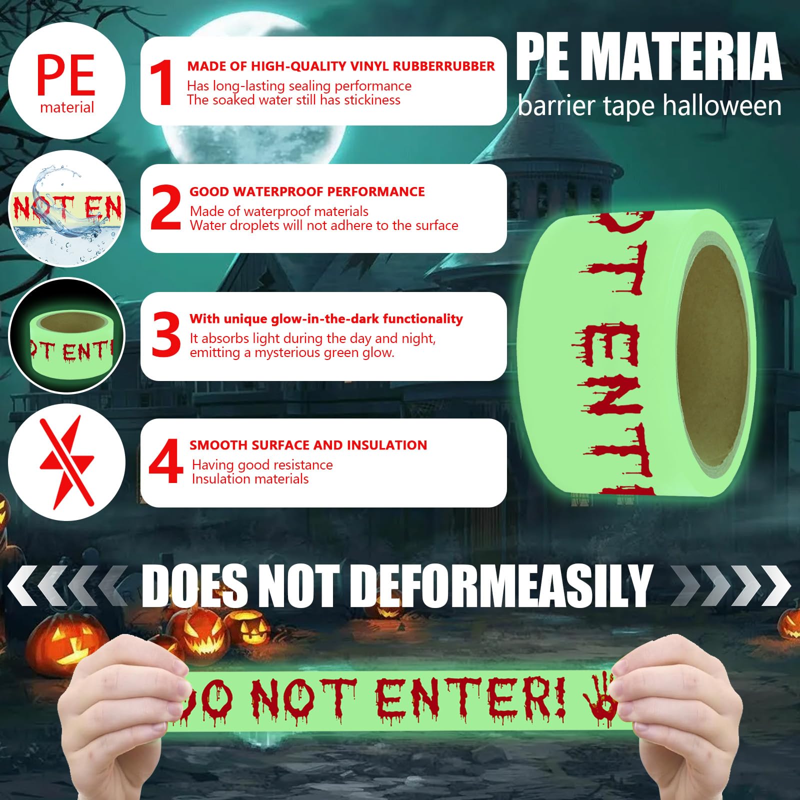 Glow in the Dark Halloween Caution Tape – 16.4ft “DO NOT ENTER” Adhesive Roll for Indoor & Outdoor Decor