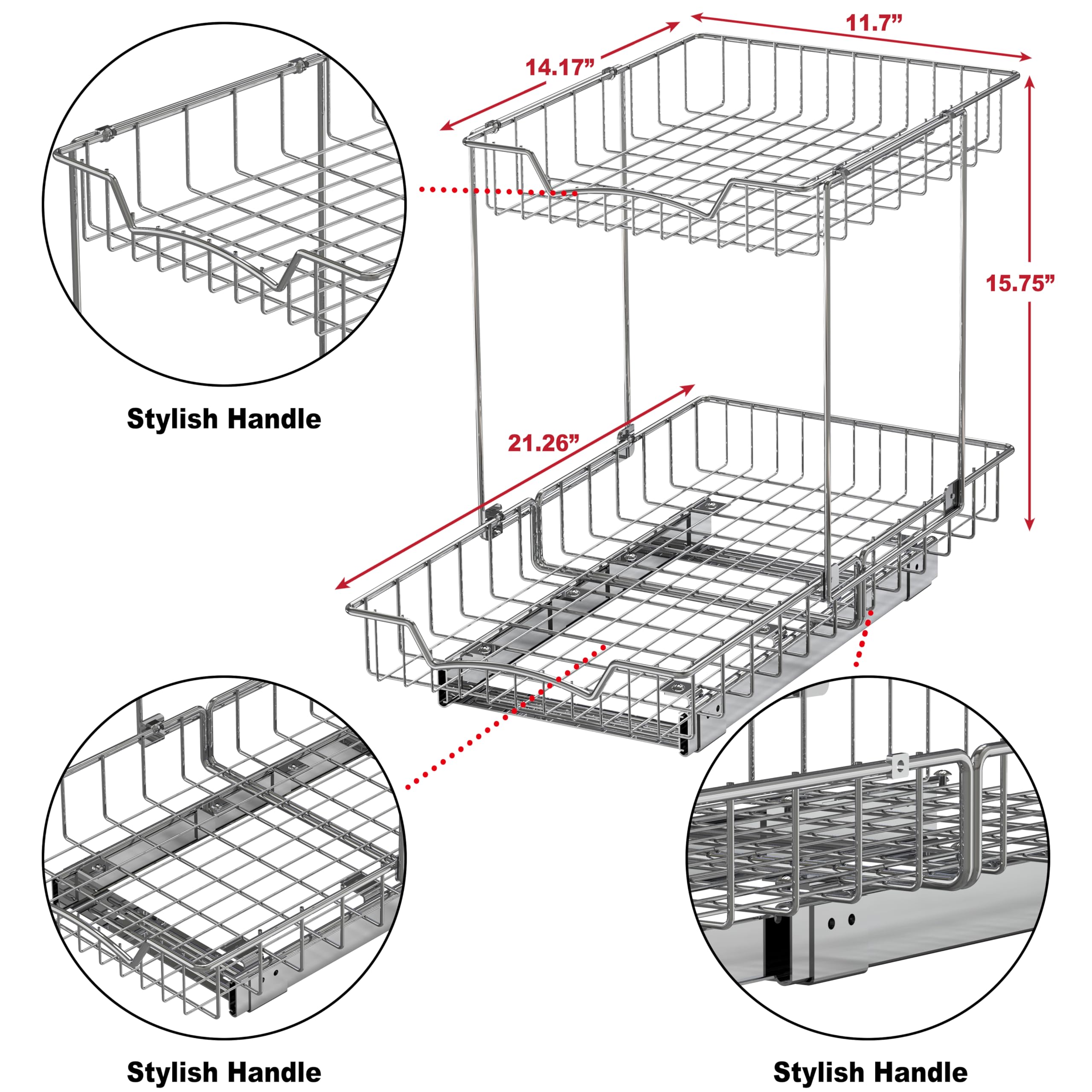 2-Tier Pull-Out Under Cabinet Organizer – Chrome Sliding Shelf with Heavy-Duty Ball Bearings (L-L)