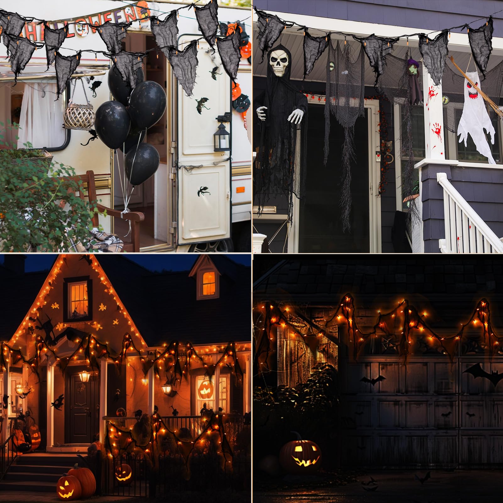 Halloween Solar Lights Outdoor – Black Cheesecloth with Orange LED Fairy Lights (23FT, 8 Modes, IP65 Waterproof)