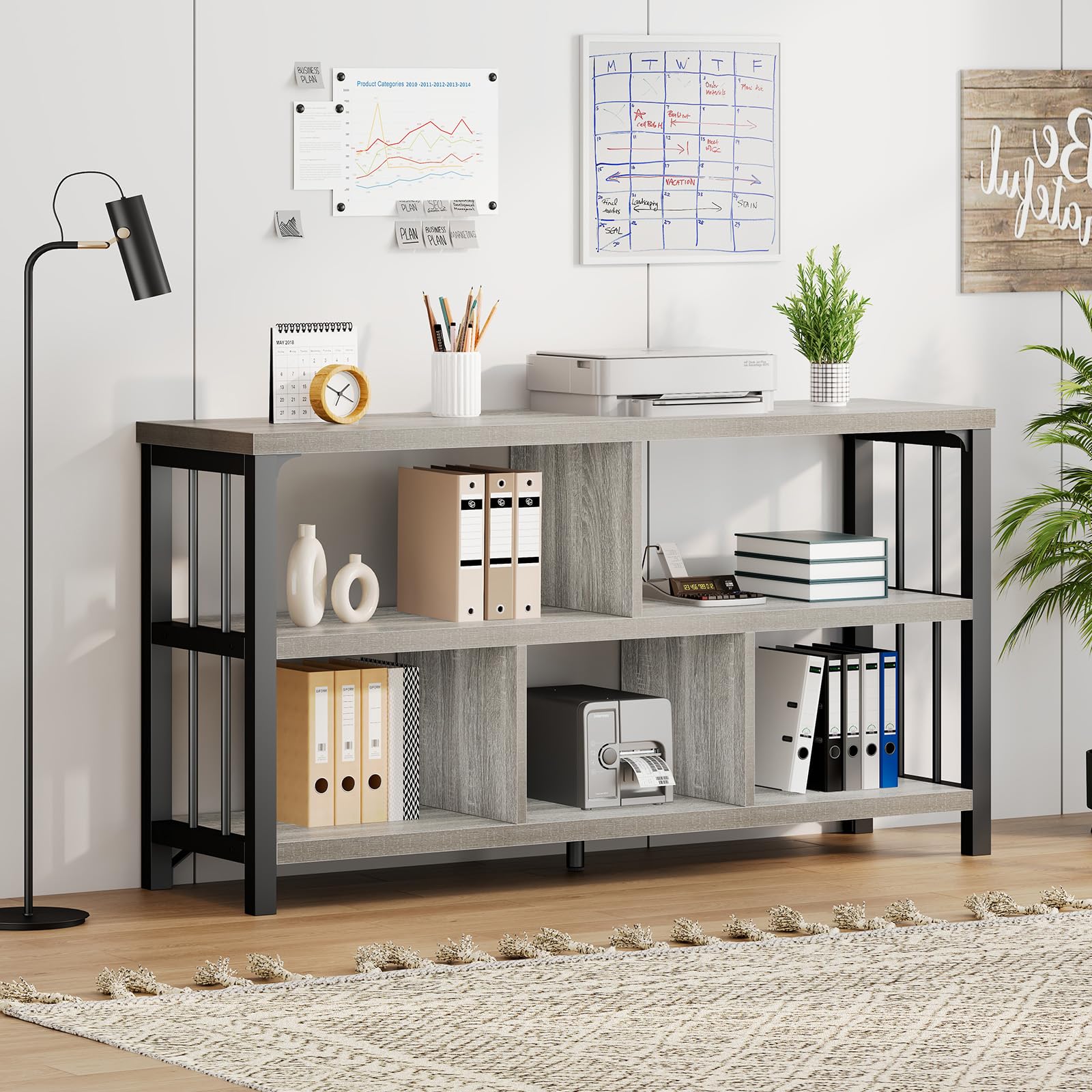 5-Cube Industrial Storage Organizer – Modern Horizontal Bookcase & TV Stand with Metal Frame (Light Grey Oak)