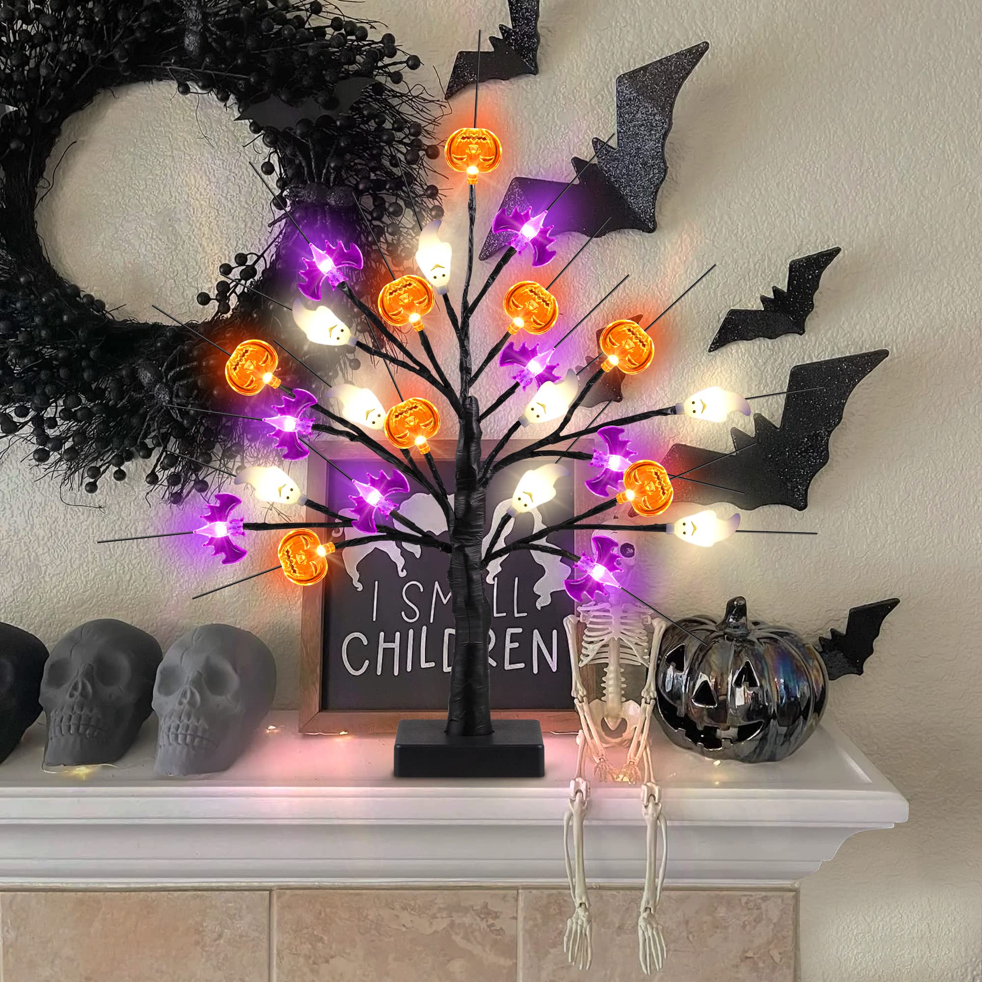 Lighted Halloween Tree – 24 LED Pumpkin, Bat & Ghost Lights with Adjustable Branches, USB or Battery Powered Tabletop Decoration (Timer Function Included)