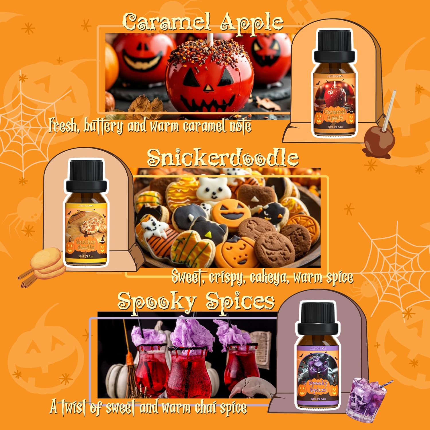 Halloween Fragrance Oil Set – 6 Scents (Pumpkin Pie, Spiced Cider, Caramel Apple, Candy Corn, Snickerdoodle & Spooky Spices) – Essential Oils for Candles, Diffusers & DIY Crafts