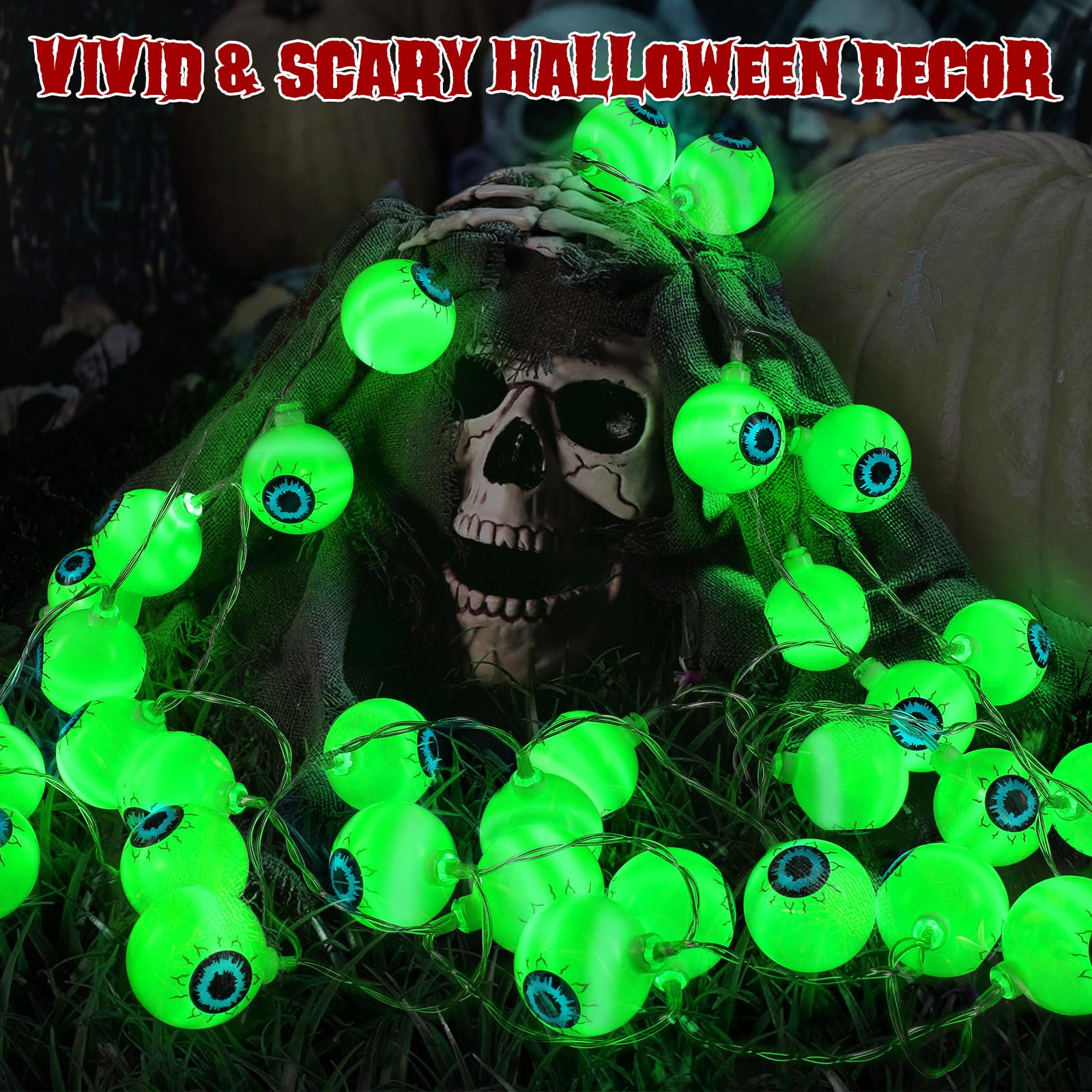 17Ft Green Halloween Eyeball String Lights – 30 LED 3D Bloodshot Eyes with Remote, 8 Modes & Timer for Spooky Décor