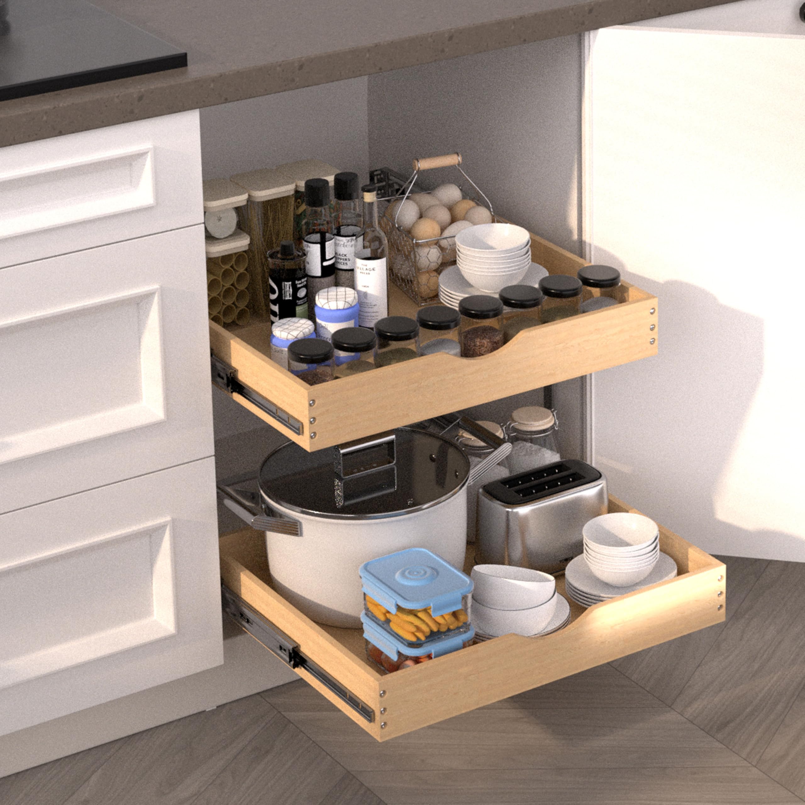 Jowboow 2-Tier Wooden Pull-Out Cabinet Shelves – Independent Slide-Out Drawers with Heavy-Duty Glide System