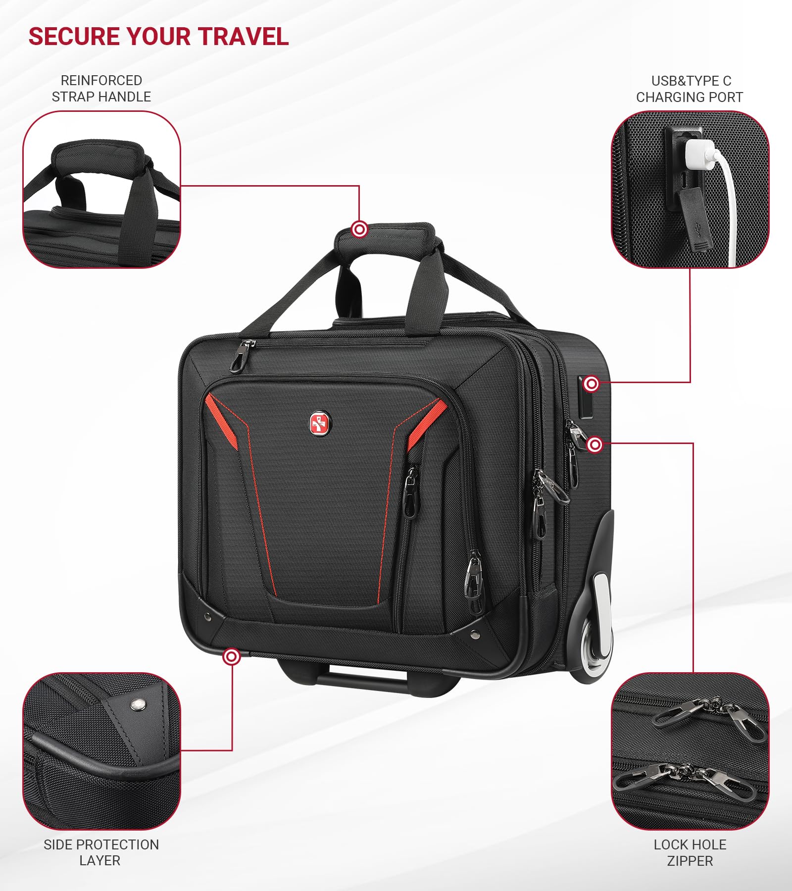 Star Cloud Rigid Frame Rolling Laptop Bag with Wheels, TSA-Friendly Underseat Carry-On Business Briefcase (Black)