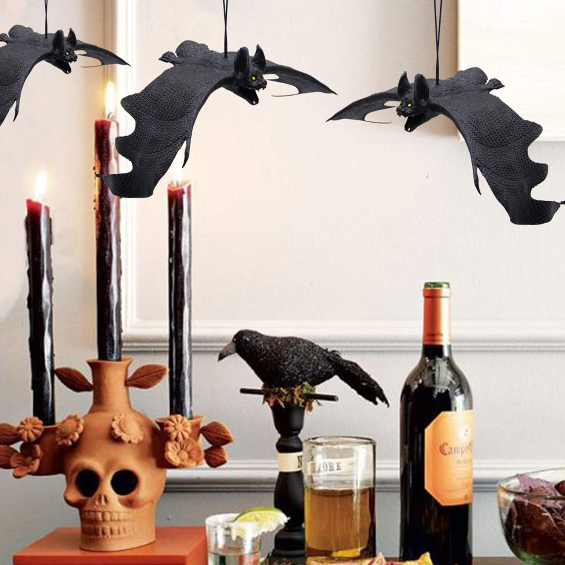 Halloween Hanging Rubber Bats – 6 Pack Realistic Bat Decorations (11-Inch Wingspan)