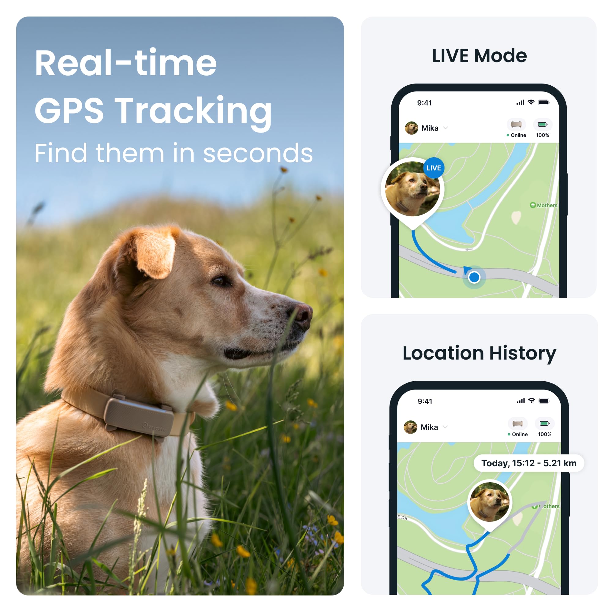 Tractive Real-Time GPS Dog Tracker Bundle with Olive Cover – Waterproof Smart Pet Tracker with Health Monitoring (Brown)
