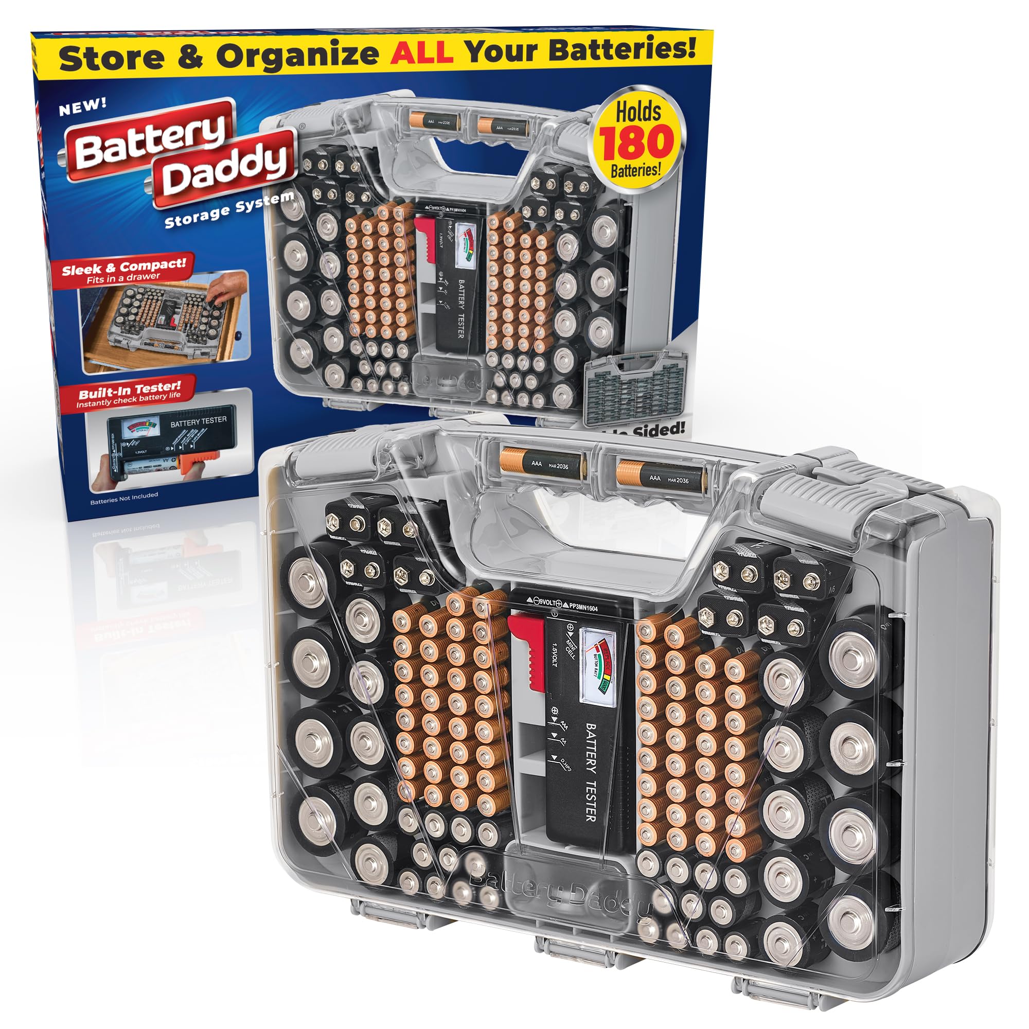 ONTEL Battery Daddy Double-Sided Battery Organizer Case with Tester – Portable Storage for up to 180 Batteries (Warm Grey)