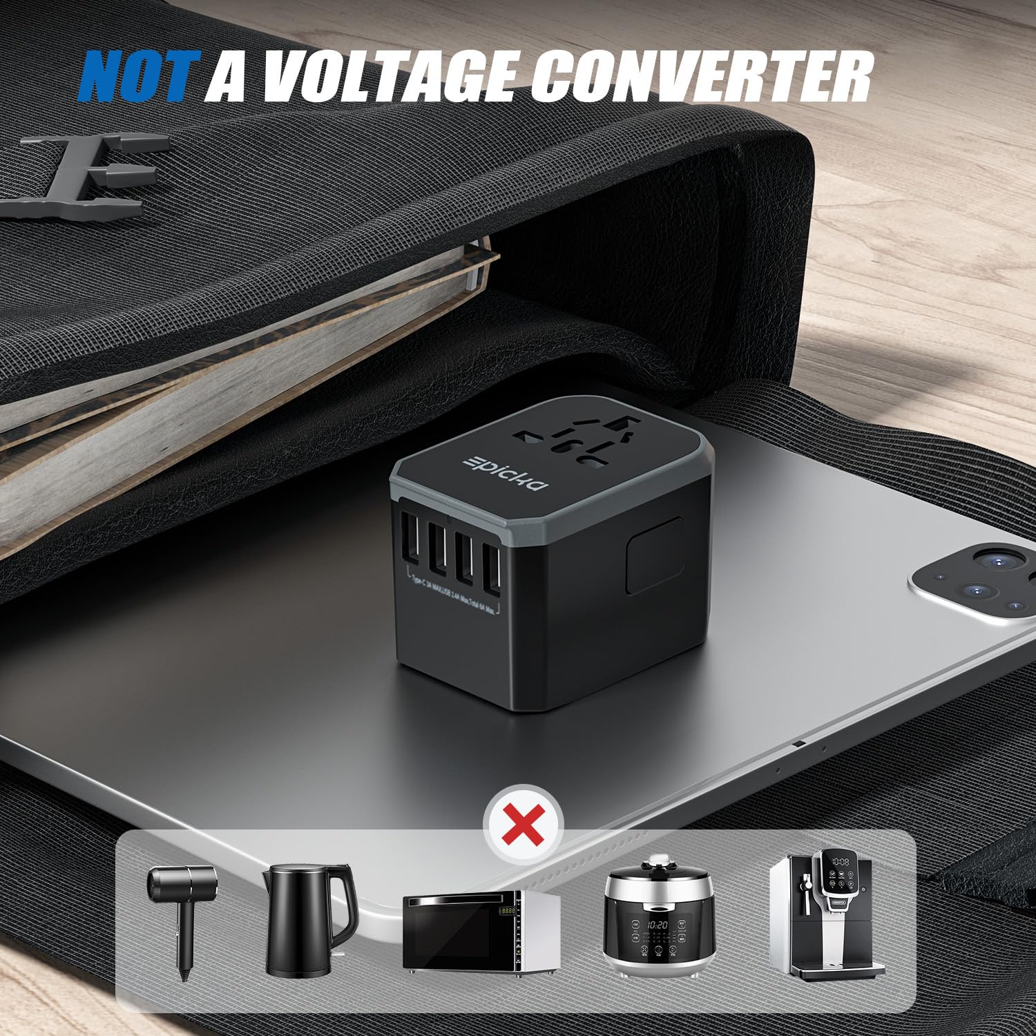 EPICKA Universal Travel Adapter – 6-in-1 Worldwide Plug with USB-C & 4 USB-A Ports (Grey)