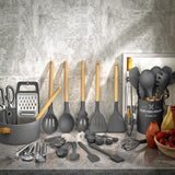 Umite Chef 34-Piece Silicone Kitchen Utensil Set with Wooden Handles – Heat Resistant Cooking Tools with Holder for Nonstick Cookware (Dark Gray)