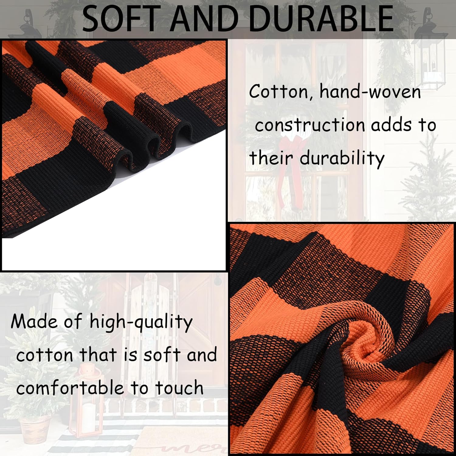 Orange & Black Plaid Cotton Rug – 28x43" Washable Fall Doormat for Porch, Entryway & Halloween Decor