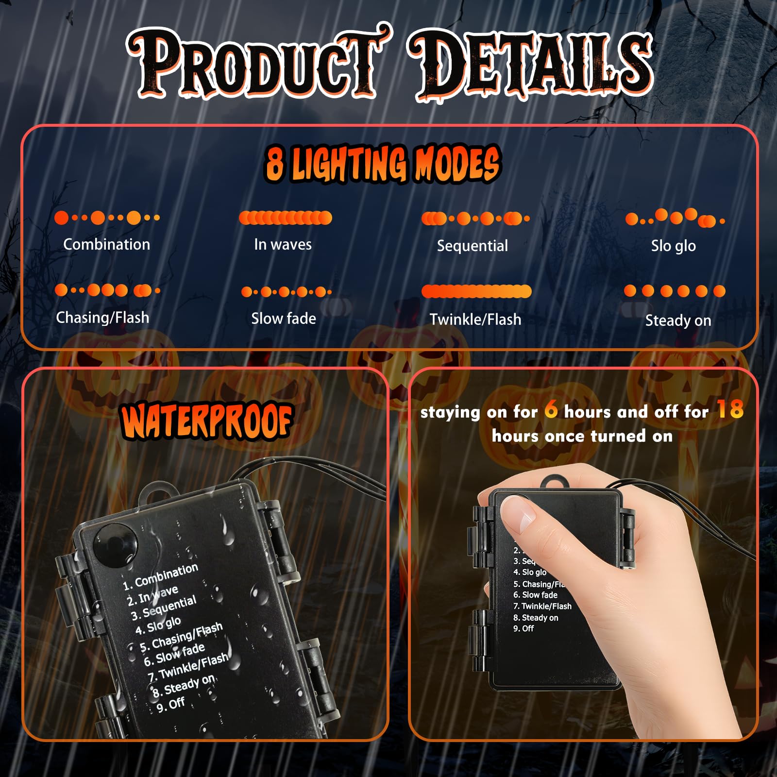 LOLStar Halloween Pathway Lights – 5 Jack-O’-Lantern Pumpkin Stakes with 8 Flashing Modes, Timer & Waterproof Battery Box (Orange, 8.8ft Strand)