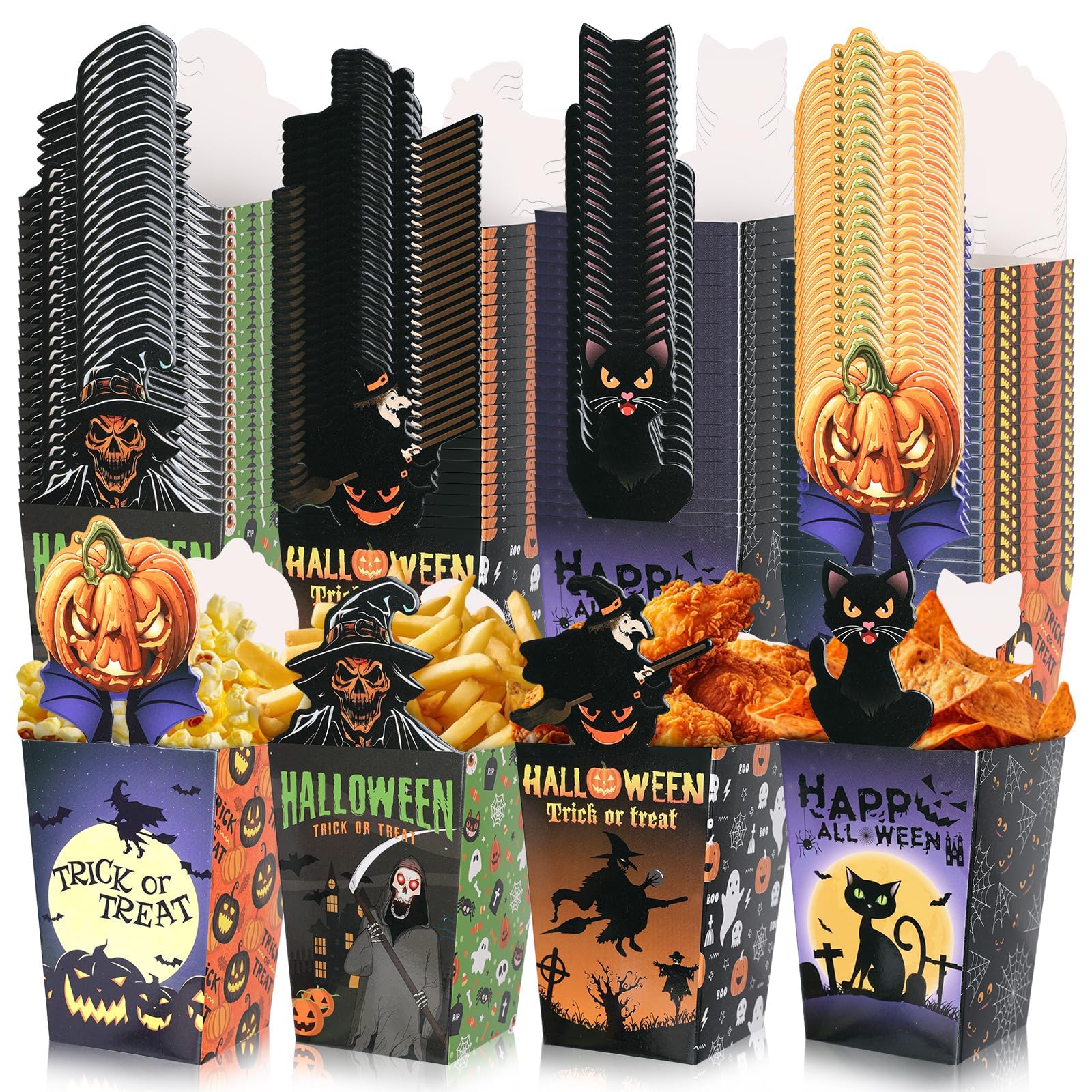 Halloween Popcorn Treat Boxes – 100-Pack Gray Snack Containers (4 Designs: Skeleton, Pumpkin, Cat & Witch)