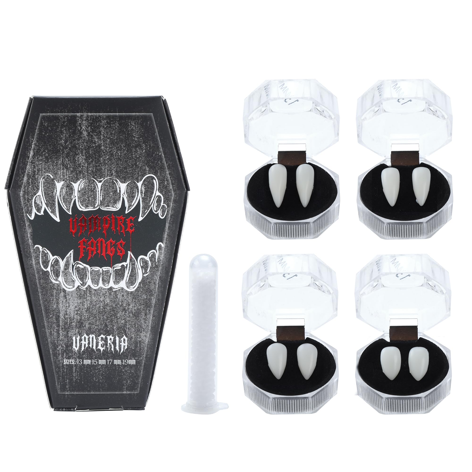 Vampire Fangs Set with Coffin Box – 4 Sizes Realistic White Fake Teeth with Adhesive (13mm–19mm)